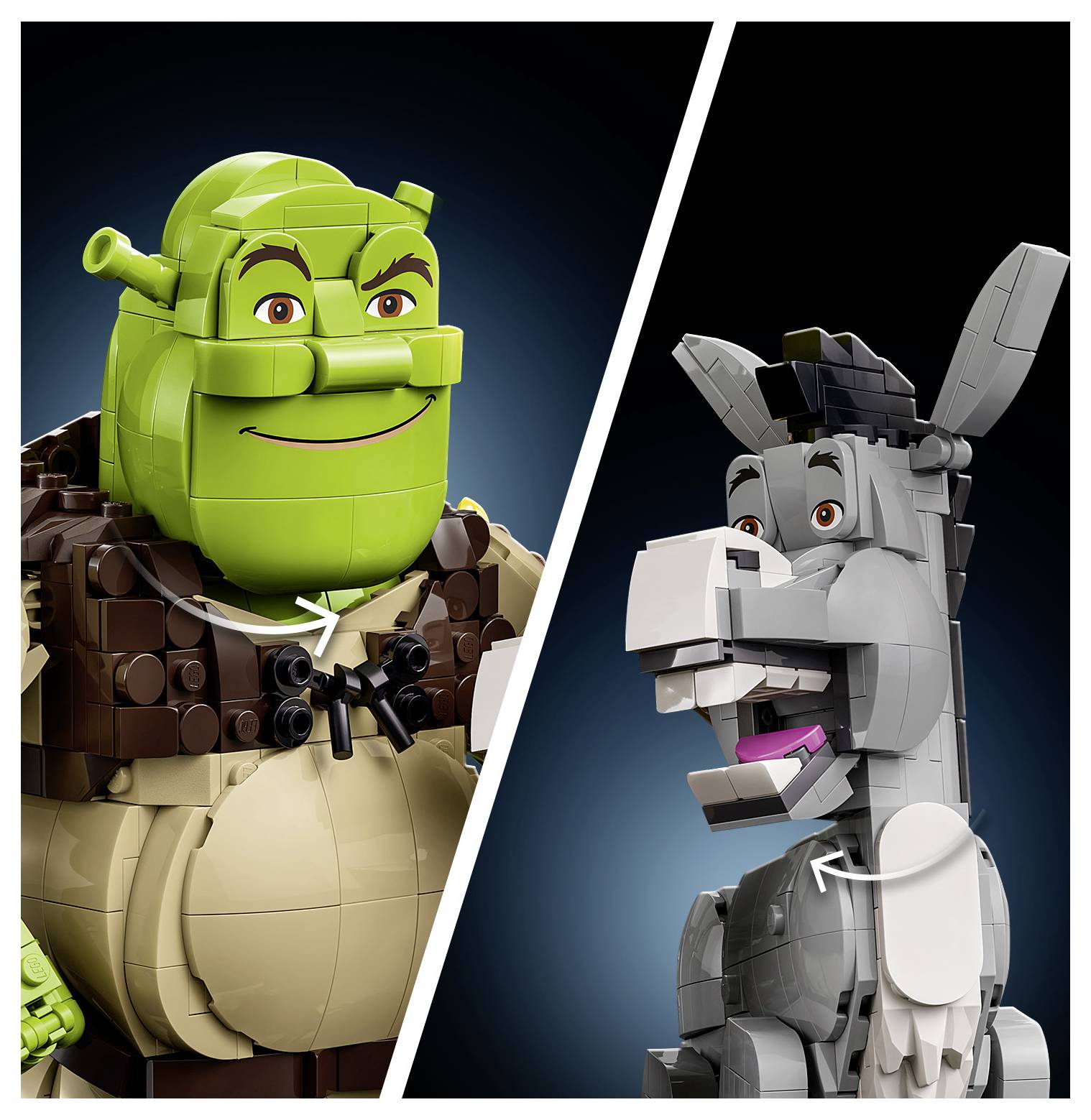 Geteiltes Bild von zwei LEGO-Stil-Shrek-Charakteren: grüner Shrek auf der linken Seite und grauer Esel auf der rechten Seite, beide als aus Steinen gebaute Büsten dargestellt.