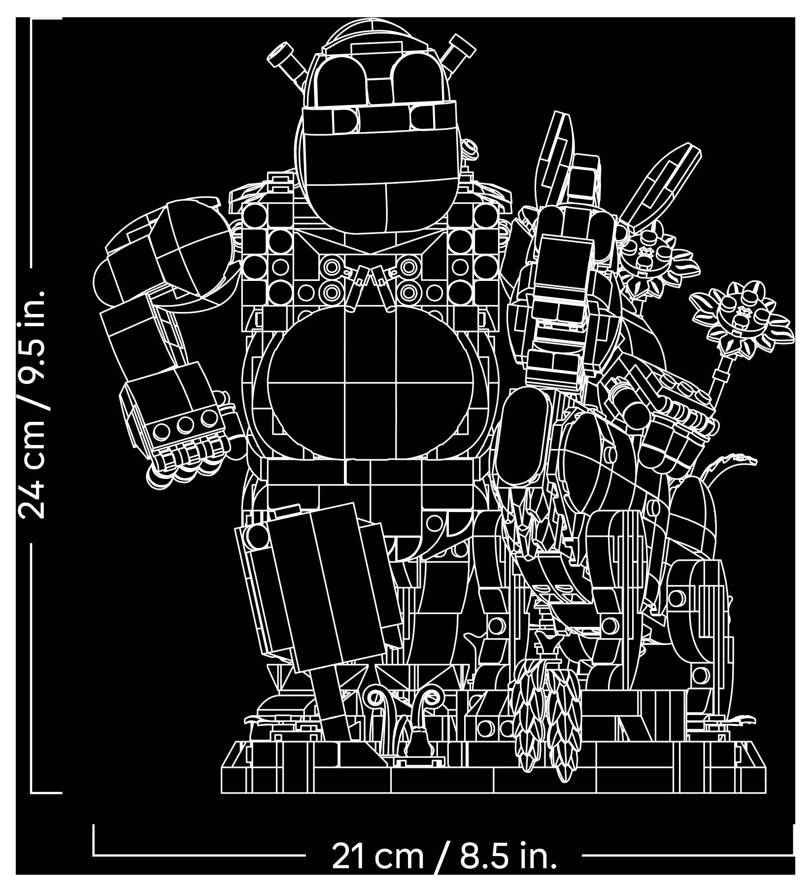 Umrissdiagramm eines großen Roboter-/Mecha-Modells, das auf einer Basis steht, dargestellt mit Abmessungen von 24 cm mal 21 cm.