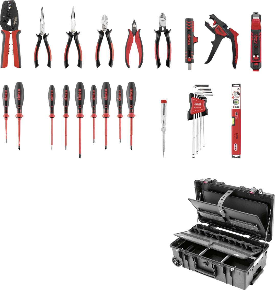 Sortierte rot-schwarze Handwerkzeuge und ein schwarzer fahrbarer Werkzeugkasten, einschließlich Zangen, Schraubendreher, Innensechskantschlüssel, ein Universalmesser und ein Ratschensatz.