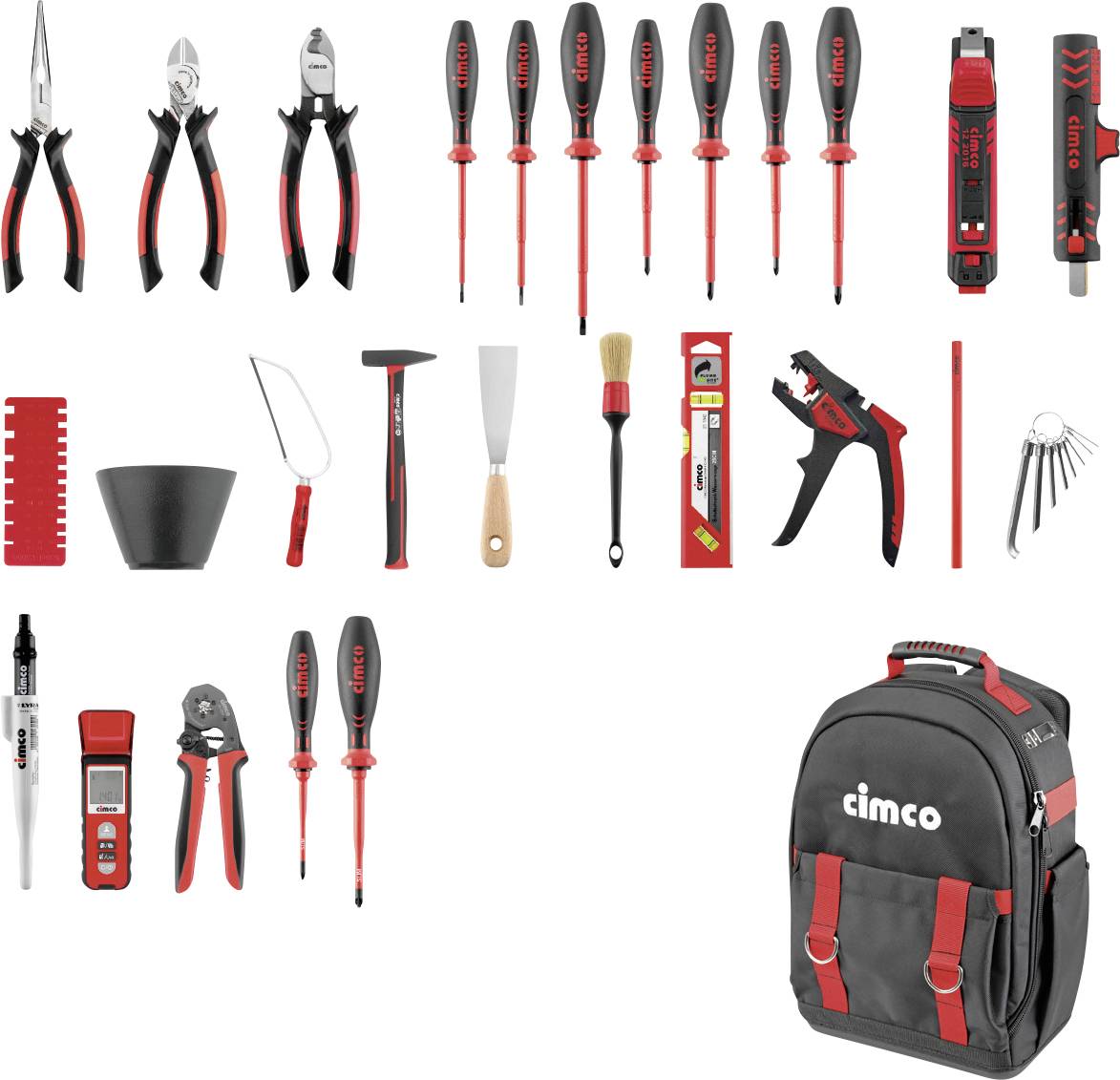 Sortierte Cimco-Elektrikerwerkzeuge und ein schwarz-rotes Rucksack: Zangen, Schraubendreher, Schneider, Messer, Messwerkzeuge und Zubehör angeordnet auf weißem Hintergrund.