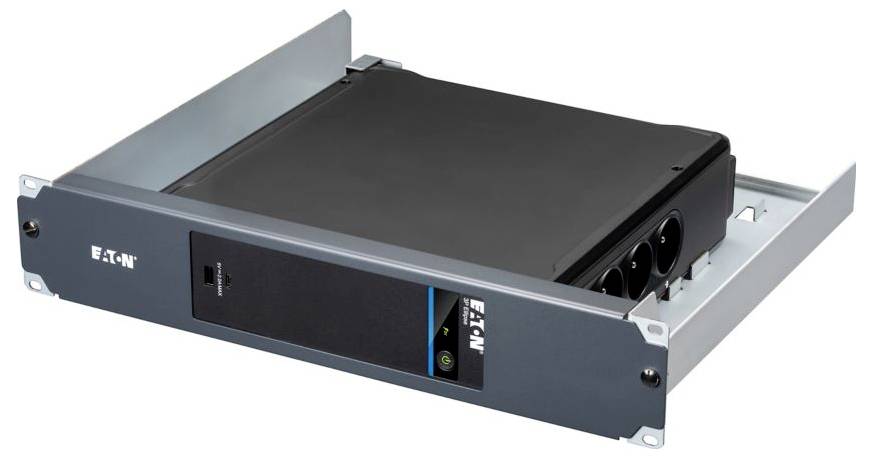 Black Eaton Rackmount-Batteriemodul mit frontalem Statusanzeigepanel und Schienensystem zum Einschieben für Serverinstallation.