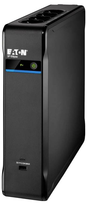 Schwarze Eaton 3P Ellipse Unterbrechungsfreie Stromversorgung mit Stromschalter, Statusleuchten und USB-Ladeanschluss auf der Vorderseite.