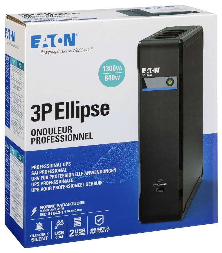 Eaton 3P Ellipse Professional USV-Box, mit der Kennzeichnung 1300VA/840W, zeigt eine schwarze Tower-unterbrechungsfreie Stromversorgung.