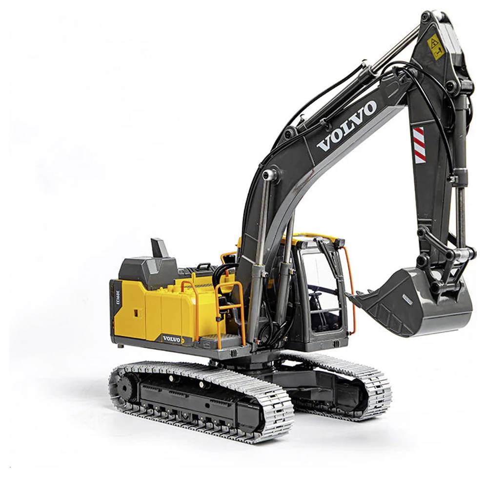 Schwarzer und gelber Volvo-Raupenbagger mit angehobenem Ausleger und Schaufel auf weißem Hintergrund.