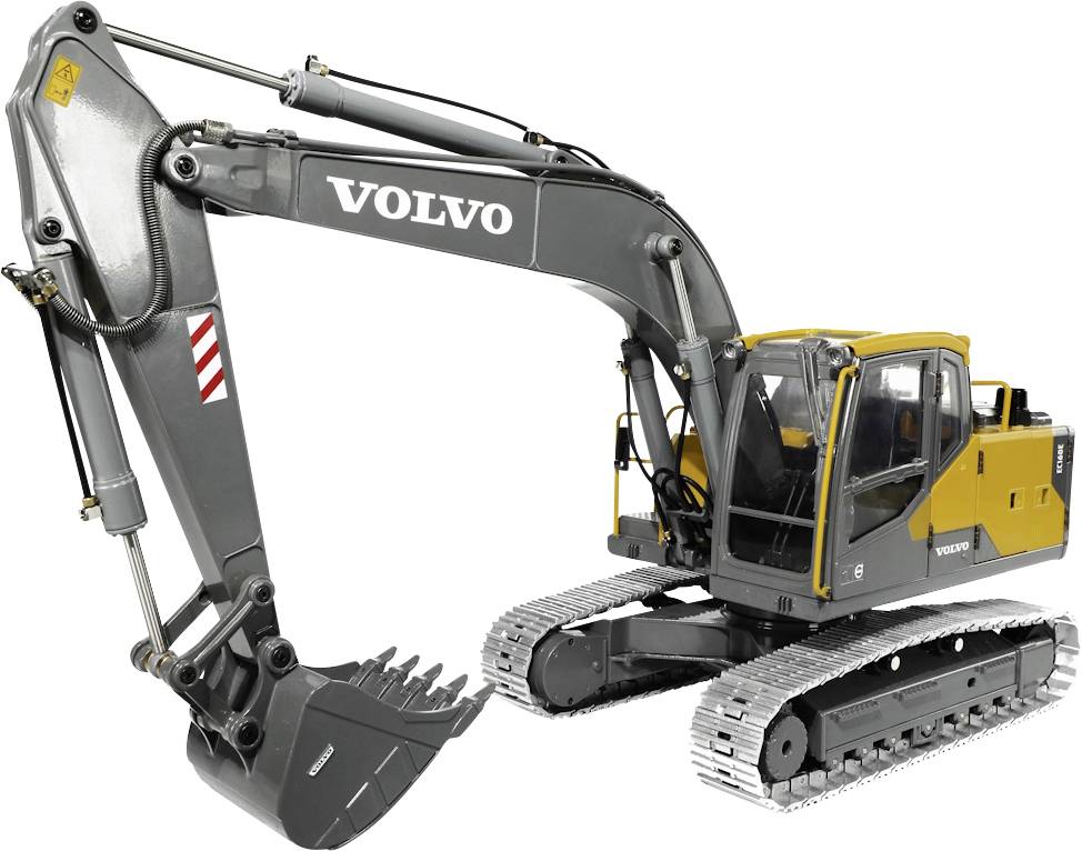 Ein Volvo Raupenbagger mit langem Arm und Schaufel, in Seitenansicht auf weißem Hintergrund dargestellt.