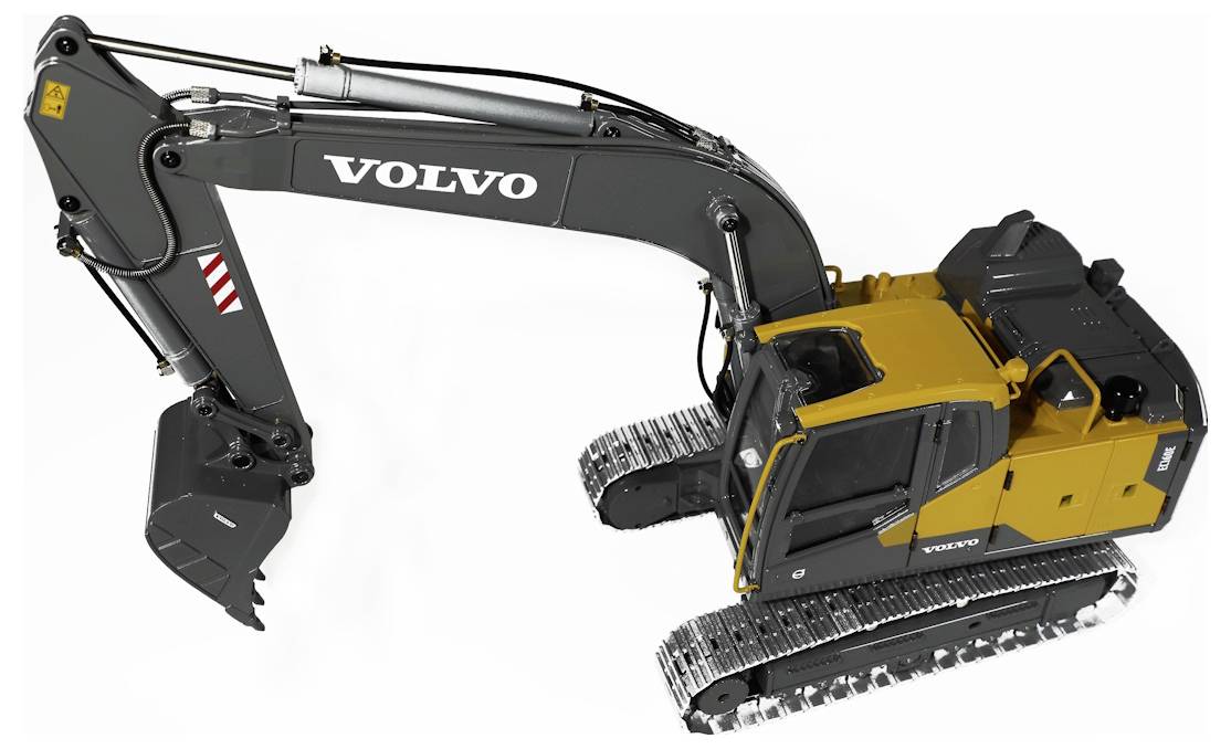 Seitenansicht eines Volvo Raupenbaggers mit schwarzem Ausleger und gelbem Fahrzeugaufbau auf weißem Hintergrund.