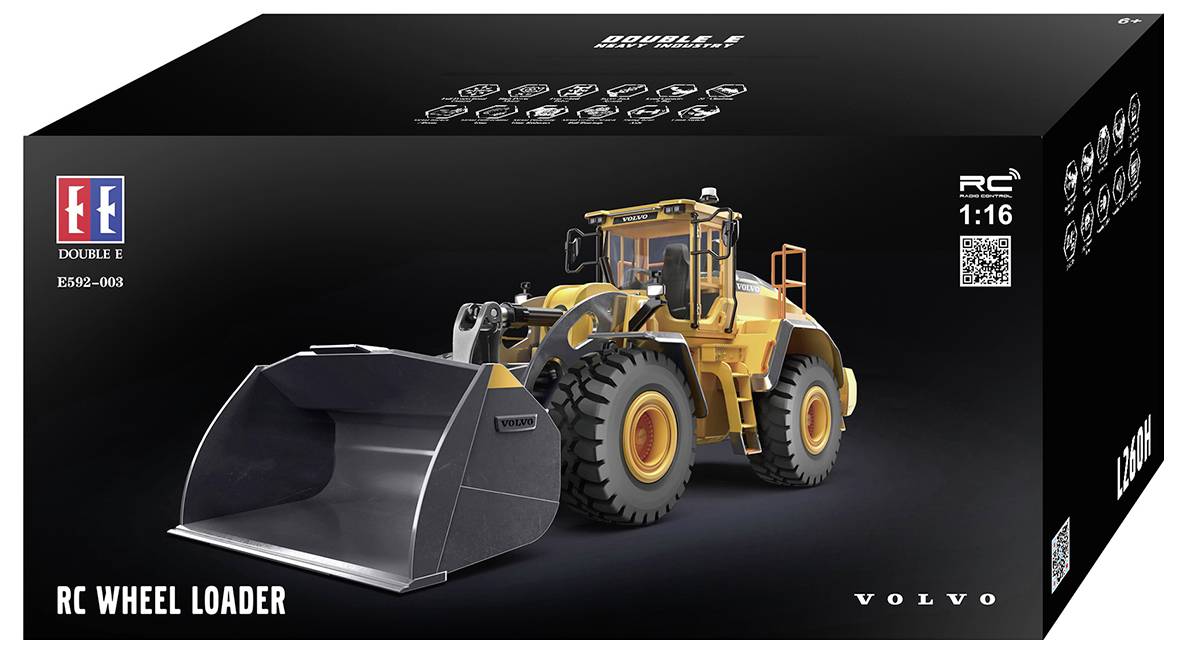 Verpackung für ein Volvo RC-Radladerspielzeug mit einem gelben ferngesteuerten Lader mit übergroßem Schaufel und 