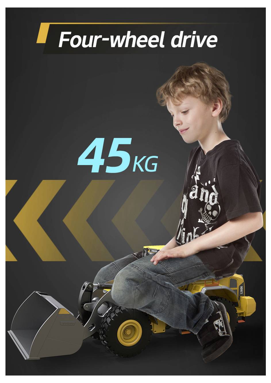 Anzeige für ein Spielzeugfahrzeug mit Allradantrieb, das ein Kind auf einem gelben Bagger mit der Aufschrift „45KG