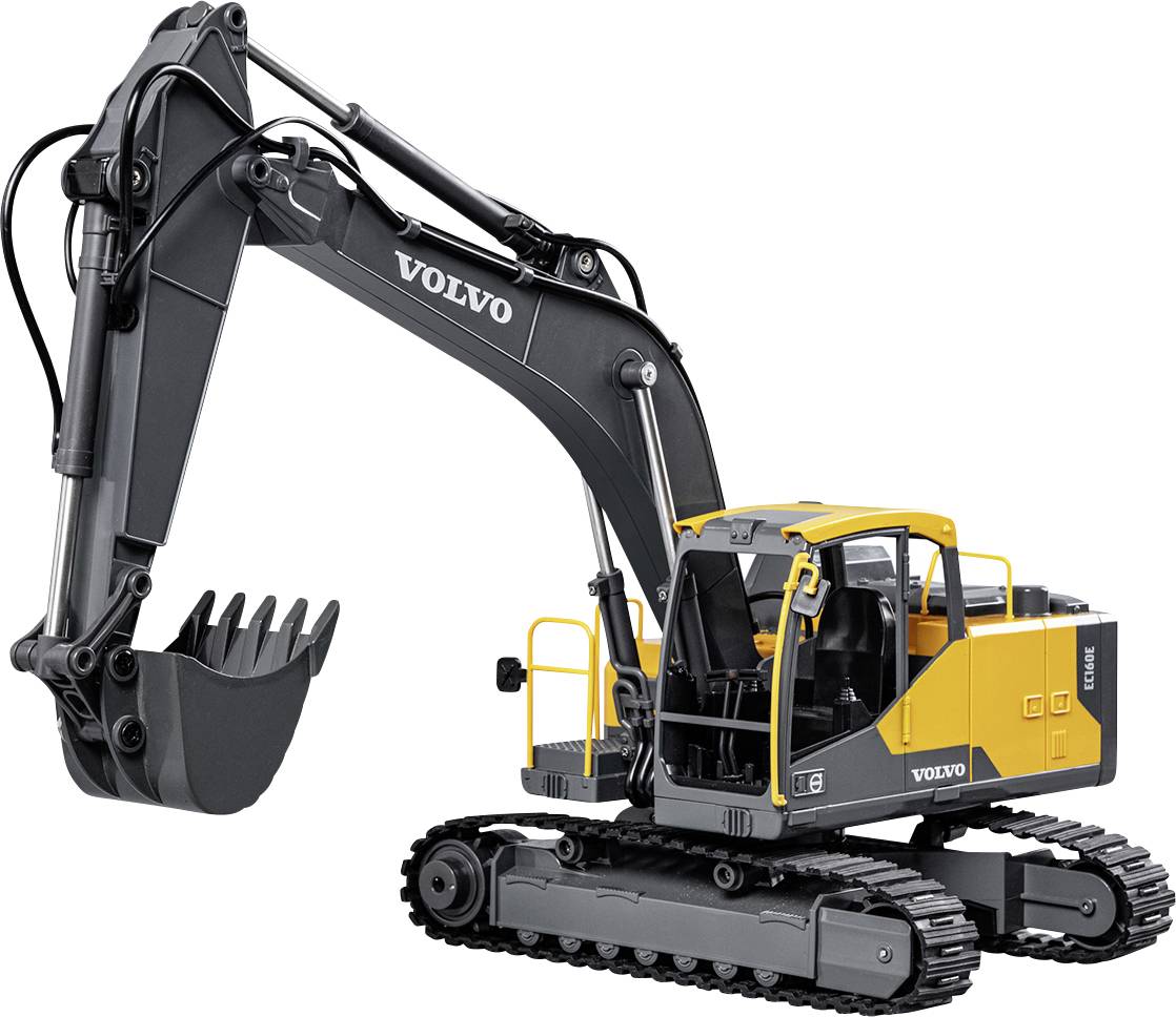 Ein Volvo Raupenbagger mit gelbem Führerhaus und langem schwarzem Ausleger, dargestellt vor weißem Hintergrund mit erhobener Schaufel.
