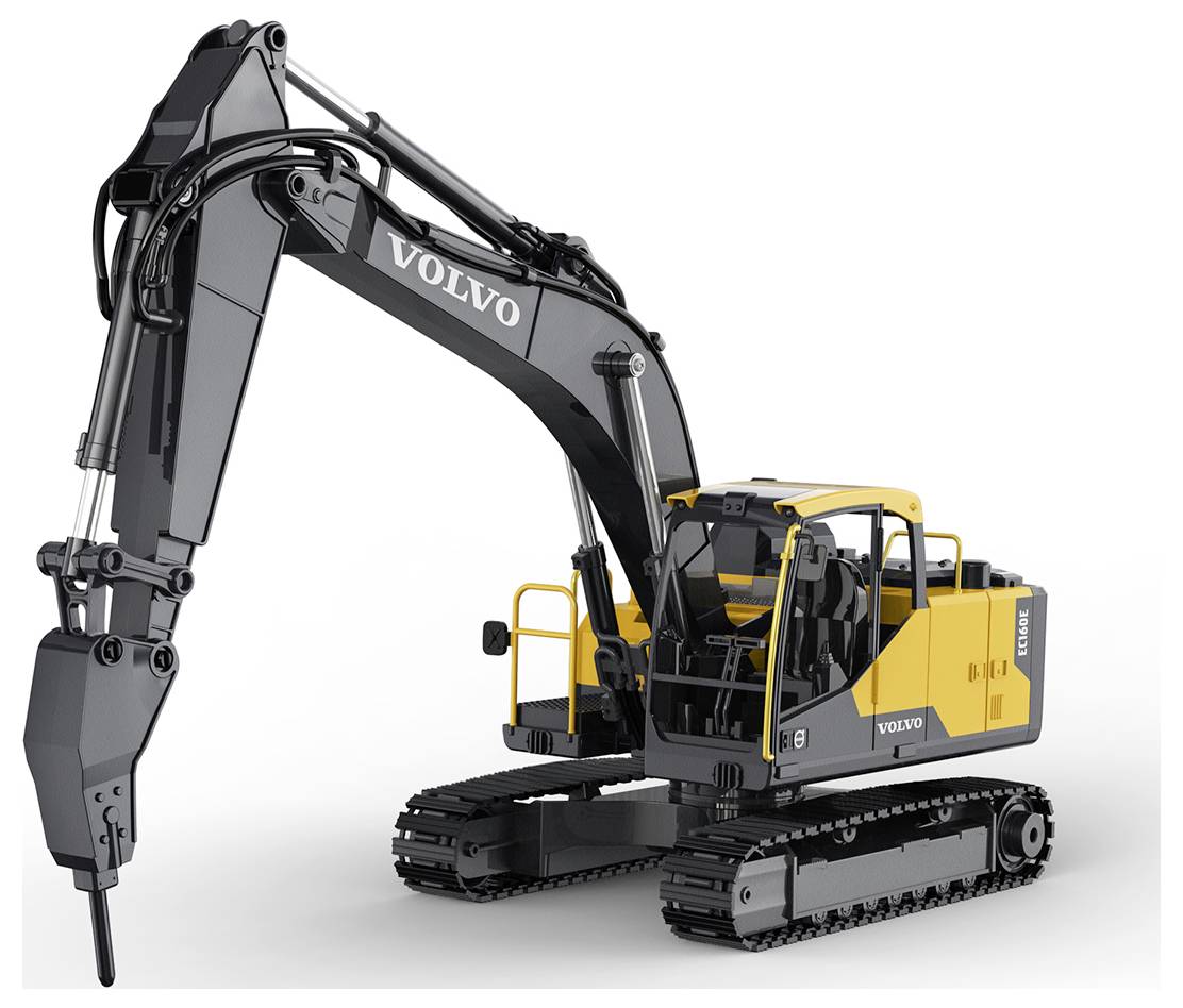 Seitenansicht eines Volvo Raupenbaggers mit großem Ausleger und Schaufelanbau auf weißem Hintergrund.