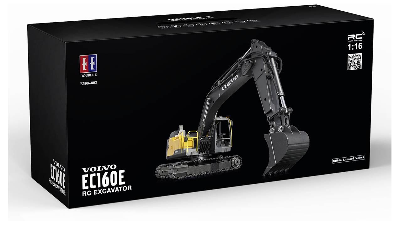 Schwarze Produktbox für ein Volvo EC160E RC-Baggermodell, die das Baggerbild und 