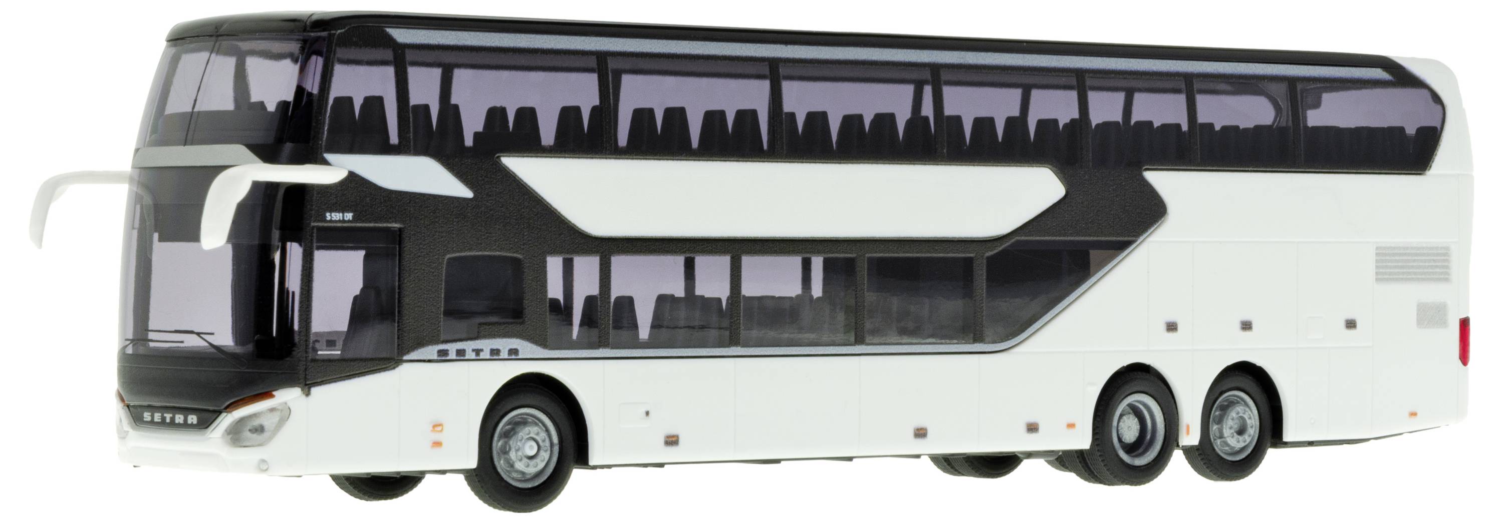Weißer doppeldeckerbus in seitenansicht, mit dunkel getönten fenstern und schwarzen akzenten, freigestellt auf neutralem hintergrund.