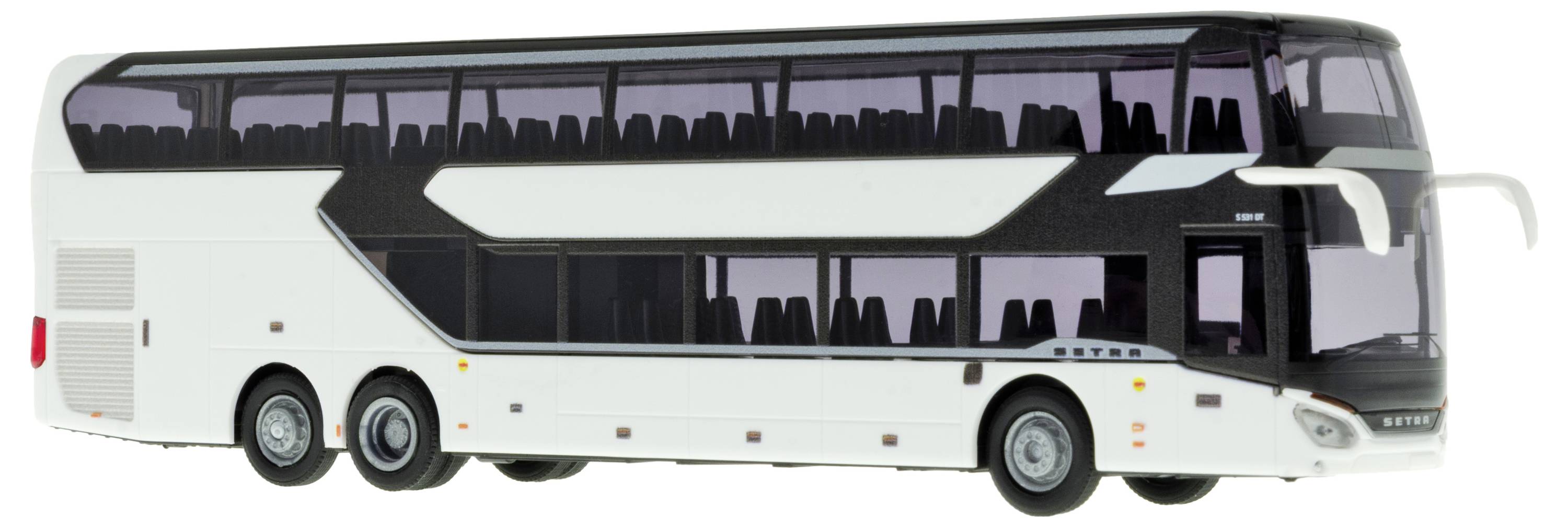 Weißer doppeldeckerbus im Seitenprofil dargestellt, mit getönten Fenstern und drei Achsen vor einfachem Hintergrund.