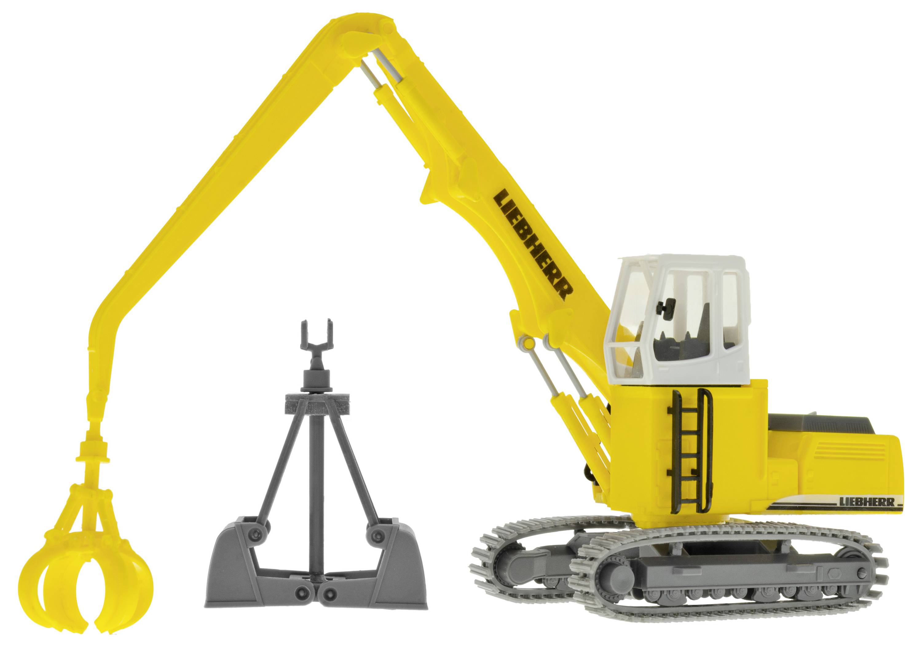 Gelber Raupenlader Liebherr mit langem Ausleger und Greifer, dargestellt neben einem grauen Klauenaufsatz auf weißem Hintergrund.