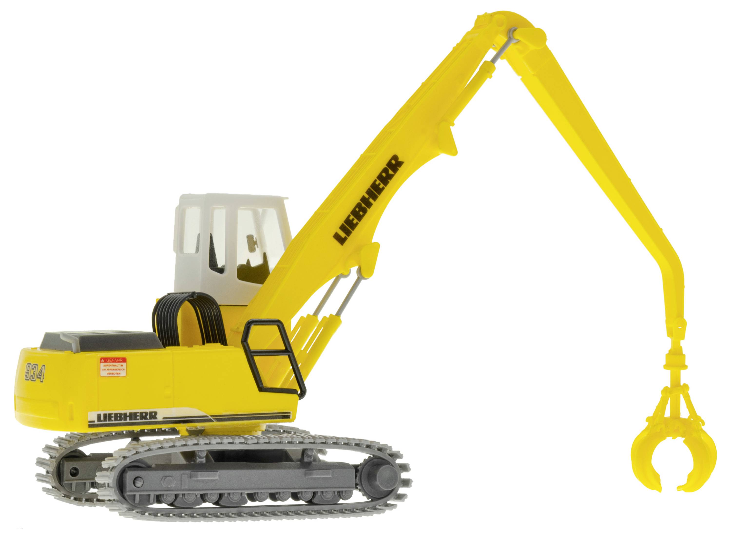 Gelber Liebherr Bagger mit Raupenketten, langem Gelenkarm und Greiferschaufel auf weißem Hintergrund.