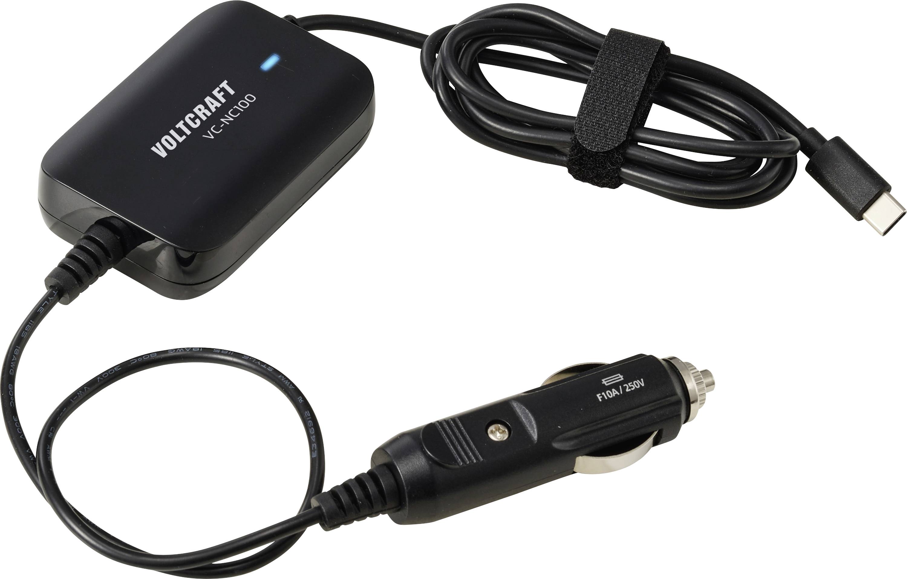 Voltcraft VC-100 Autoladeadapter mit USB-C-Kabel und Zigarettenanzünder-Stecker, dargestellt auf weißem Hintergrund.