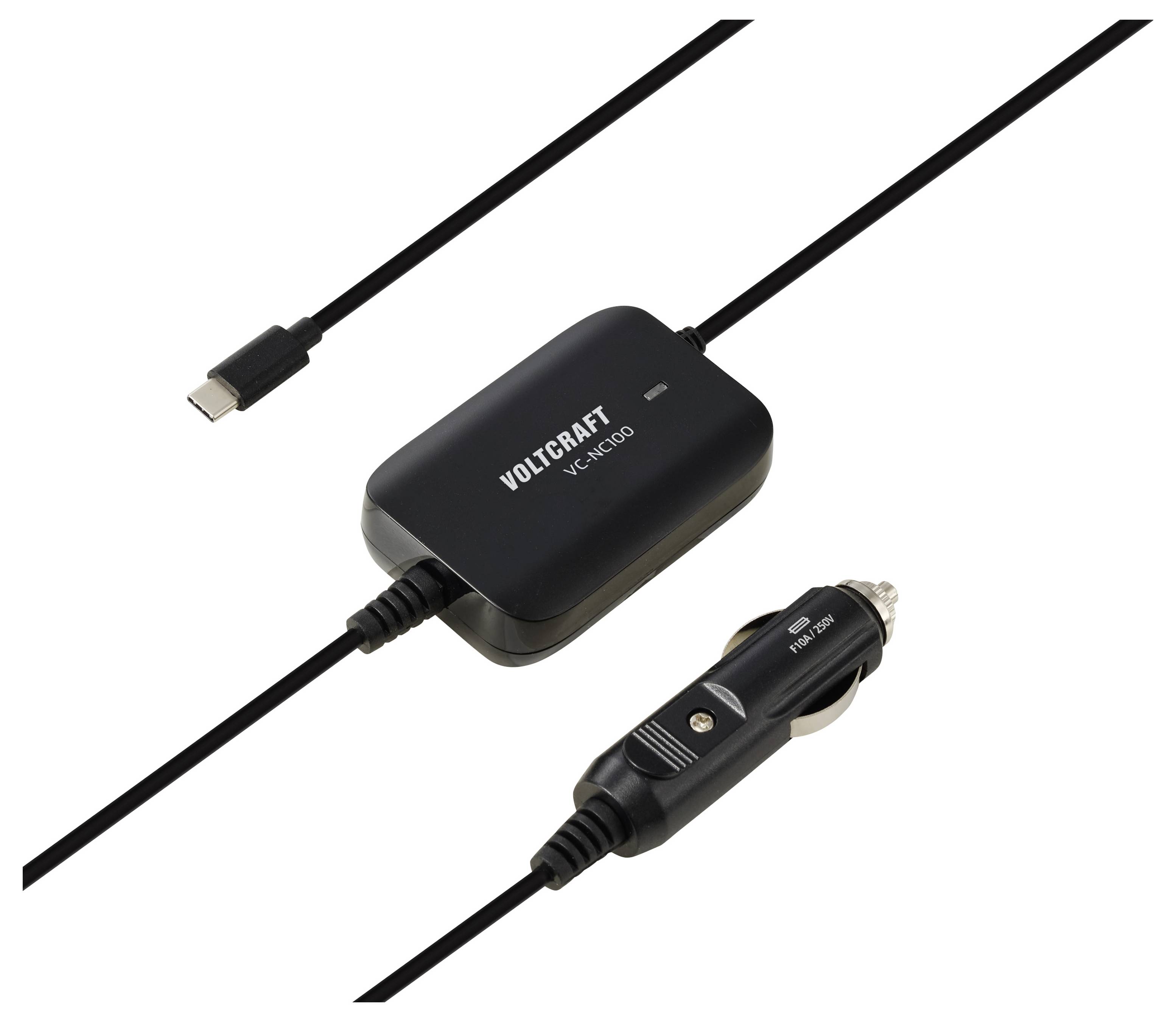 Voltcraft VC-1000 Autoladeadapter mit USB-C-Kabel und 12V-Zigarettenanzünder-Stecker.