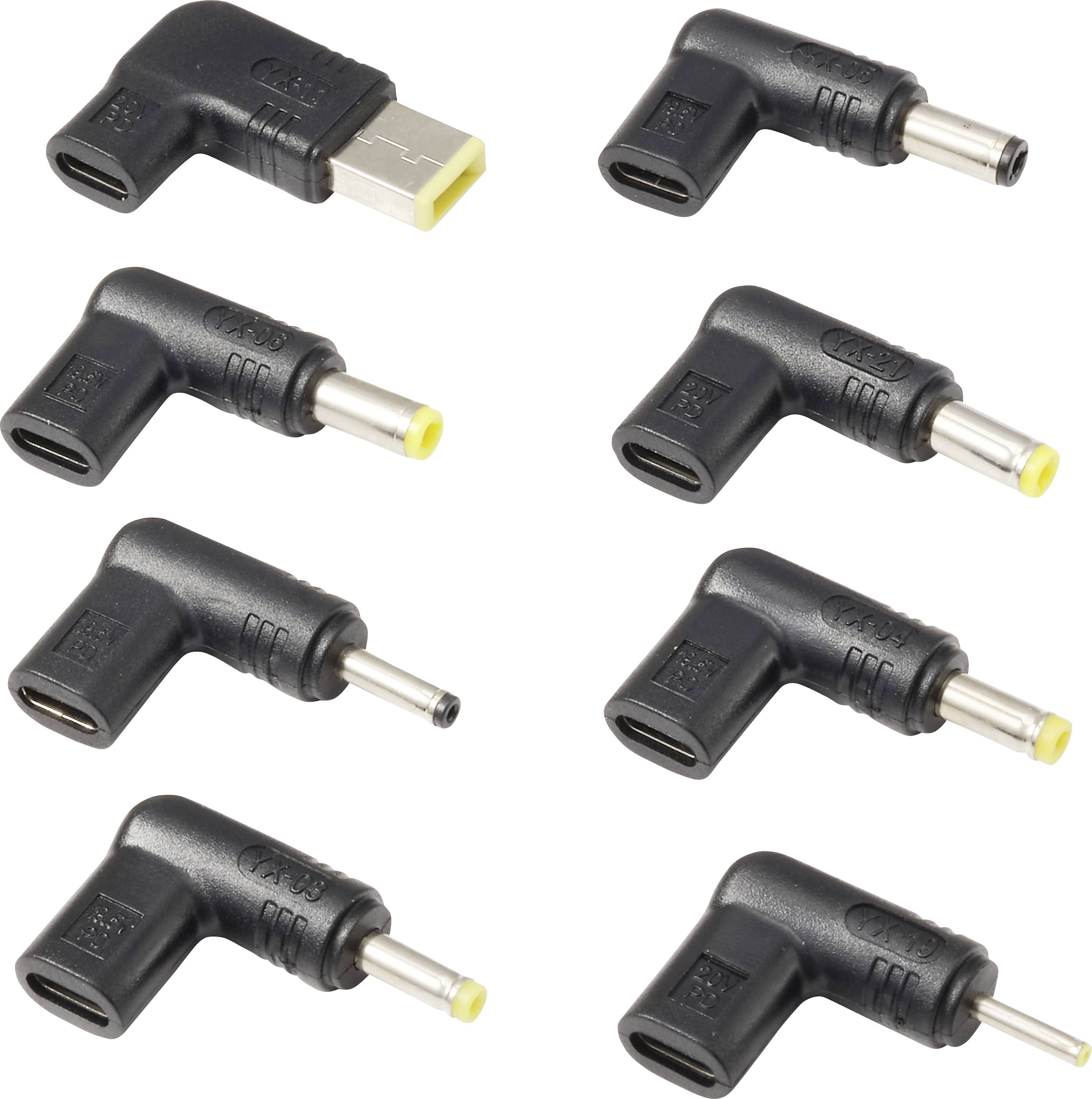 Acht schwarze Gleichstrom-Stromadapterstecker mit rechtwinkligen Anschlüssen und unterschiedlichen Hohlstecker- und USB-ähnlichen Spitzen auf weißem Hintergrund.