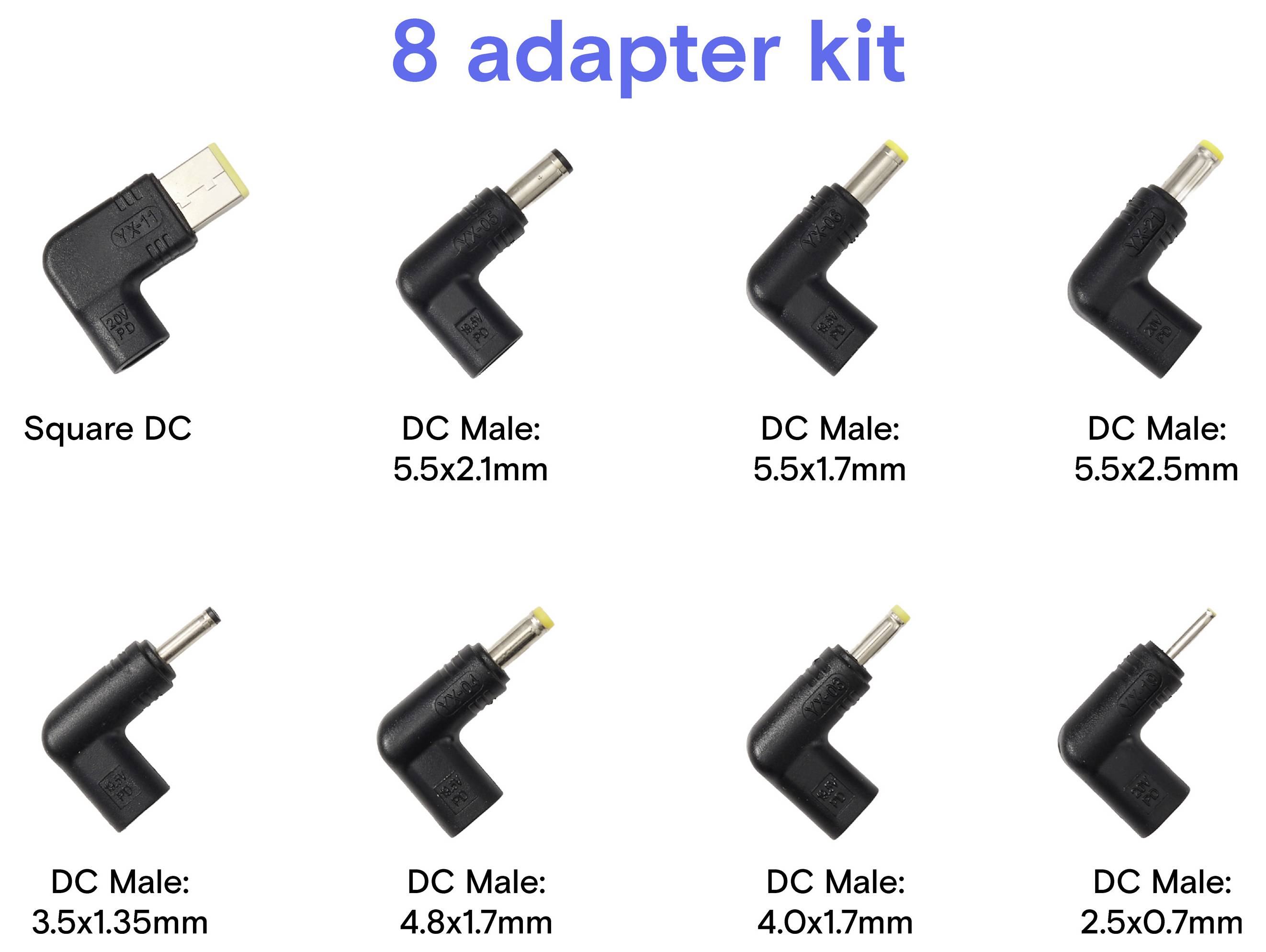 8er Adapter-Set mit einem quadratischen DC-Adapter und sieben DC-Steckern mit Größenbezeichnungen: 5,5x2,1mm, 5,5x1,7mm, 5,5x2,5mm, 3,5x1,35mm, 4,8x1,7mm, 4,0x1,7mm und 2,5x0,7mm.