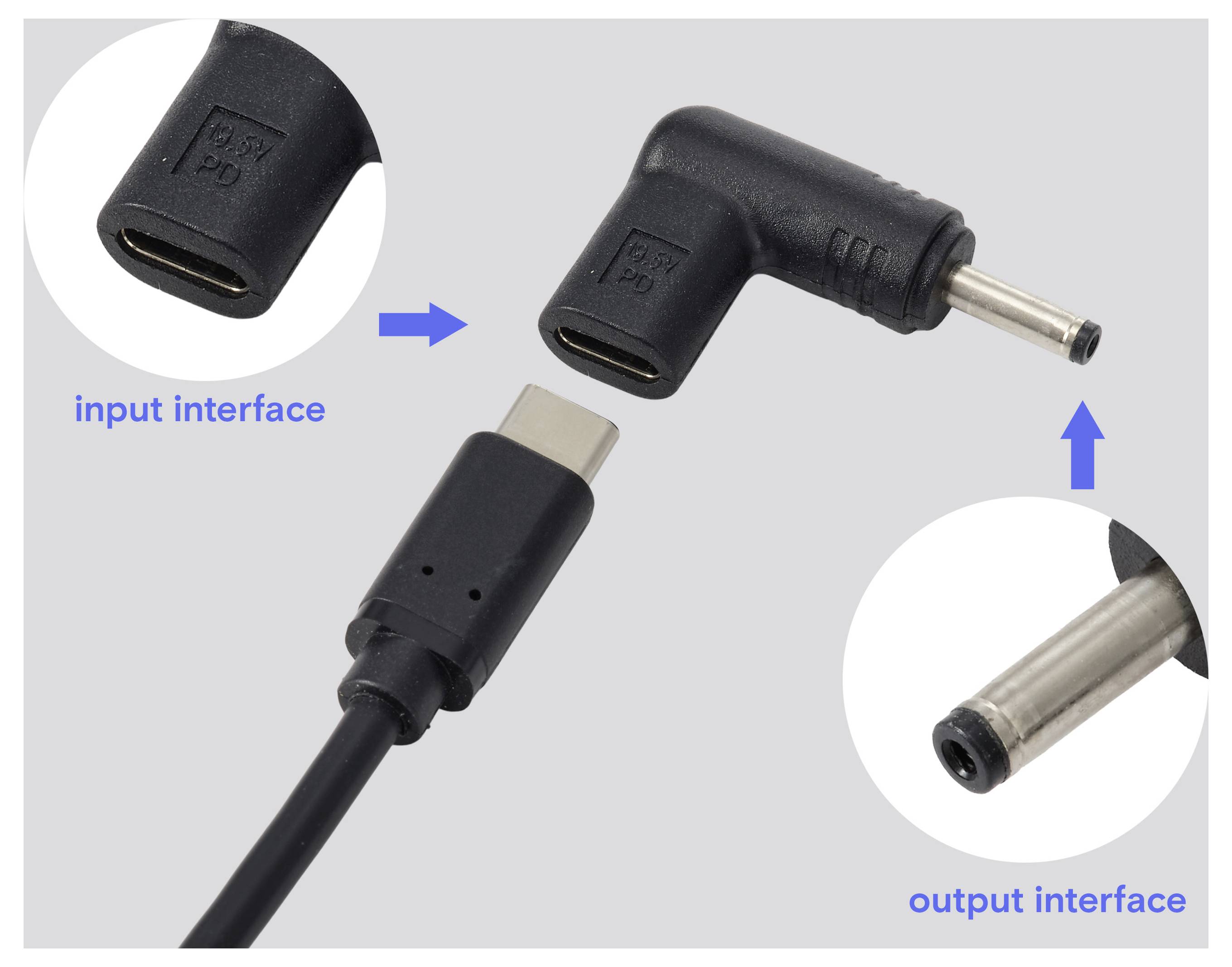 Diagramm eines USB-C-Adapters im rechten Winkel mit Eingabeschnittstelle und Ausgabeschnittstelle mit Metallstecker.