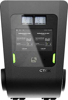 CTEK-Doppel-EV-Ladestation mit zwei Bildschirmen, auf denen 