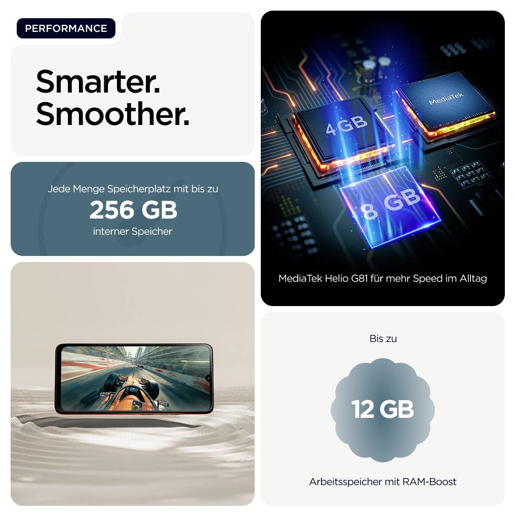 Werbegrafik für ein Smartphone mit 'Smarter. Smother.', bis zu 256 GB Speicher, 12 GB RAM und MediaTek Helio G81; zeigt Telefon und Chip-Illustrationen.