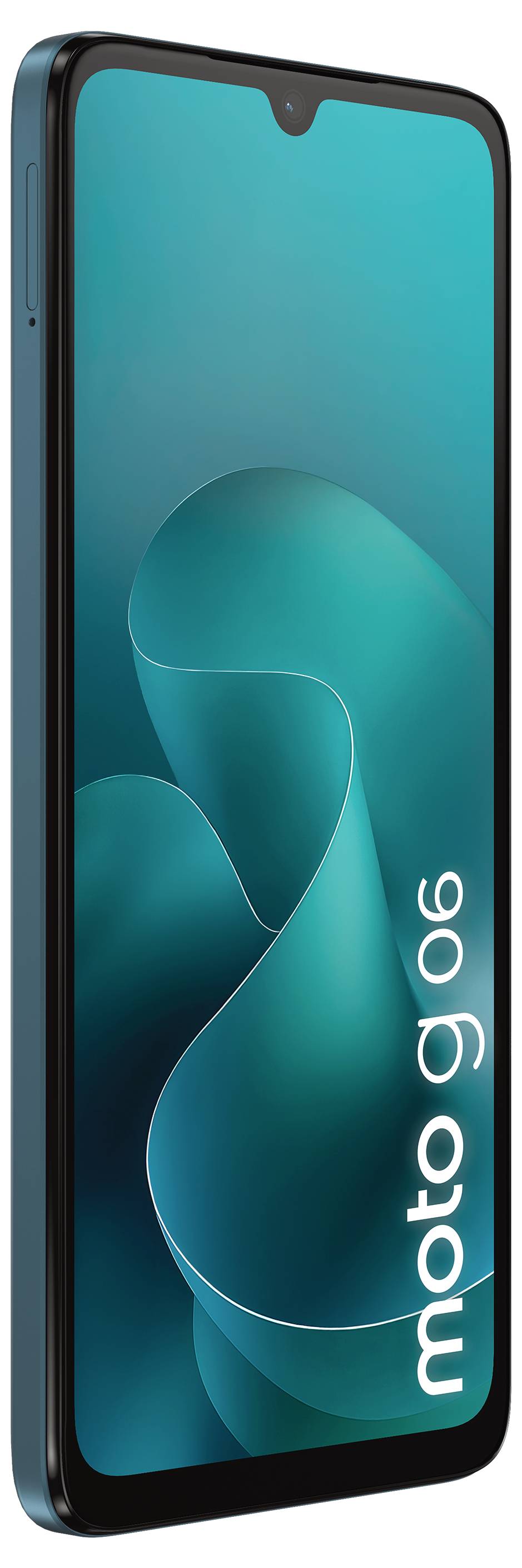 Ein schwarzes Motorola-Smartphone, in einem Winkel dargestellt, mit einem blaugrünem Bildschirm, auf dem das vertikale 