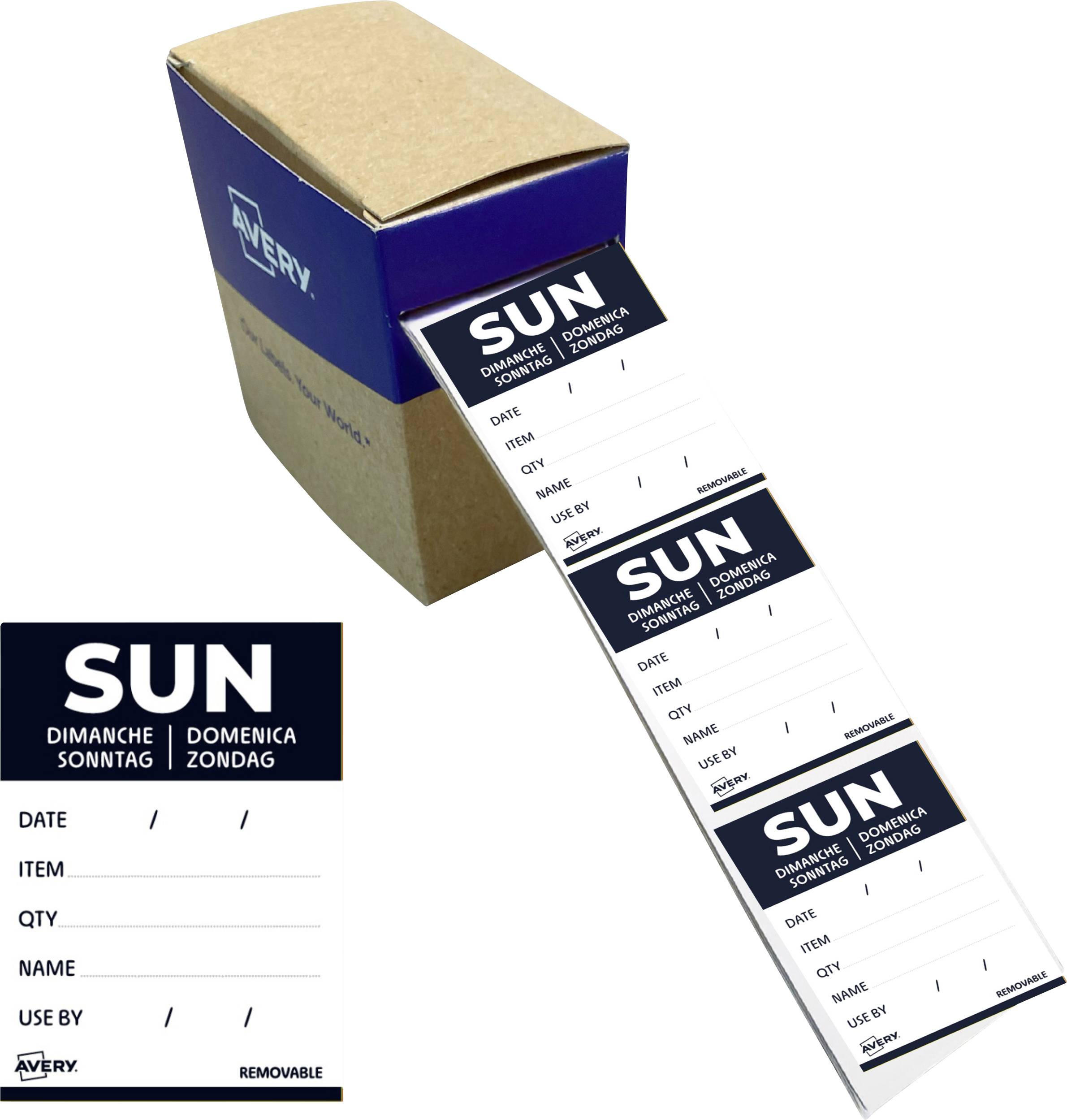 Eine Schachteln mit abziebbaren Avery-Etiketten, die gerade ausgegeben werden, zeigt „SUN