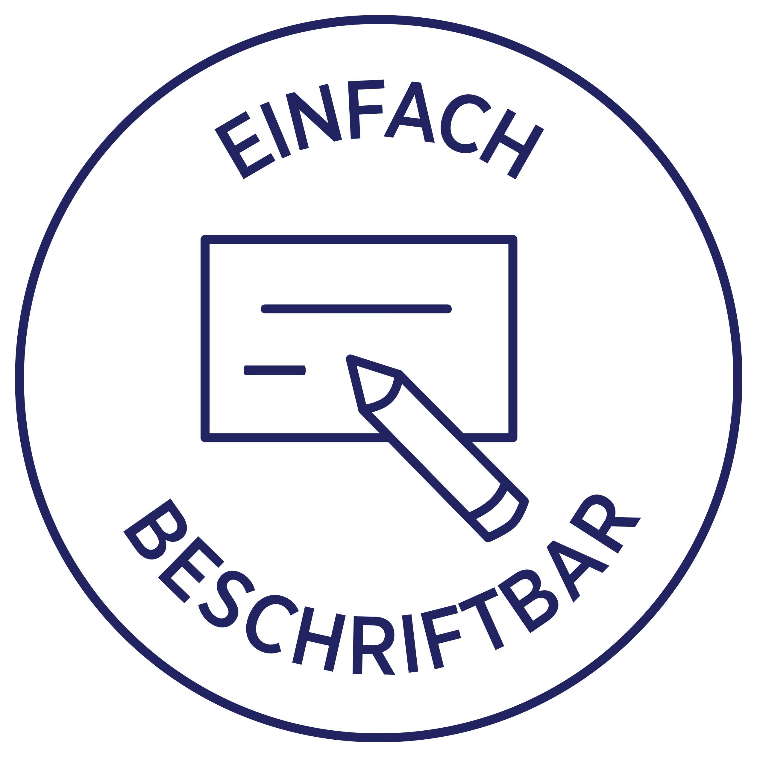 Siegel mit Text 'EINFACH BESCHRIFTBAR' und Stift auf einer Karte, als Hinweis auf leicht beschriftbare Oberfläche.