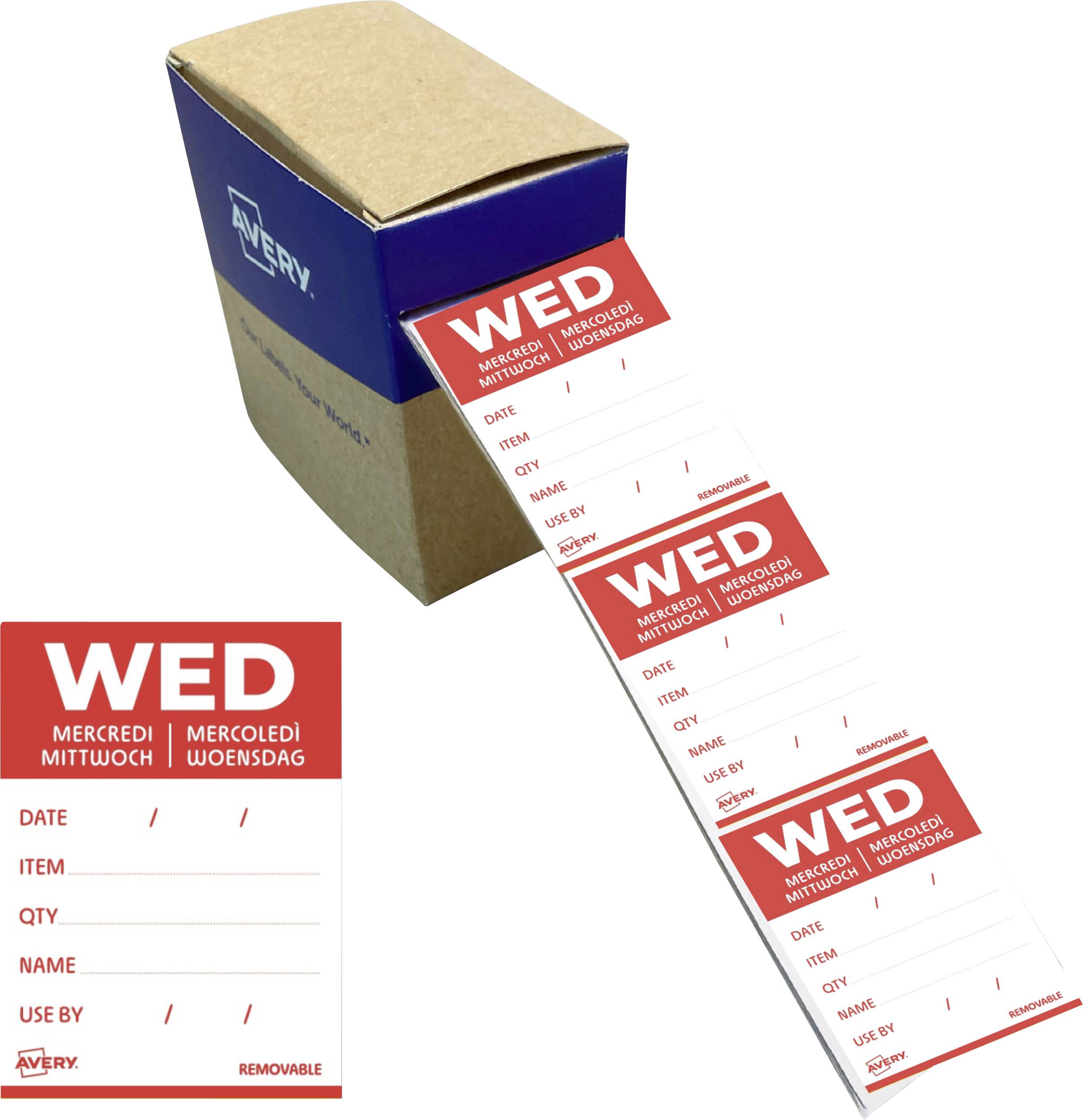 Eine Rolle rot-weiße abnehmbare Avery „WED