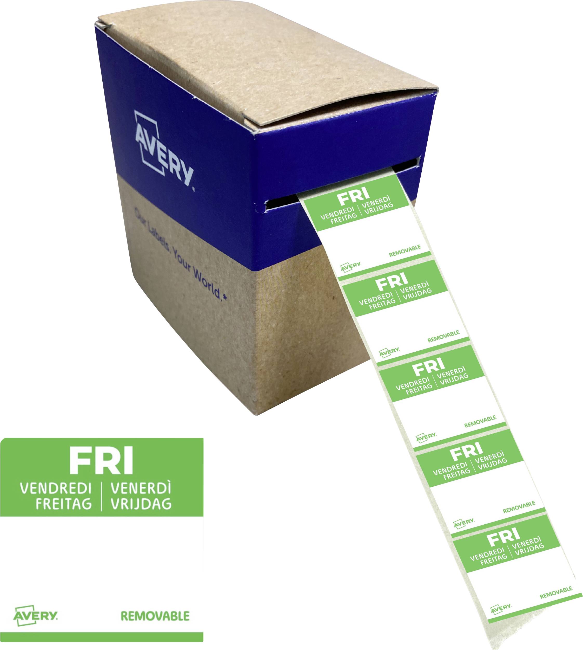 Avery abnehmbare Freitag-Etiketten auf einer Rolle, mit einer Spenderbox, die grüne mehrsprachige Datumssticker mit 