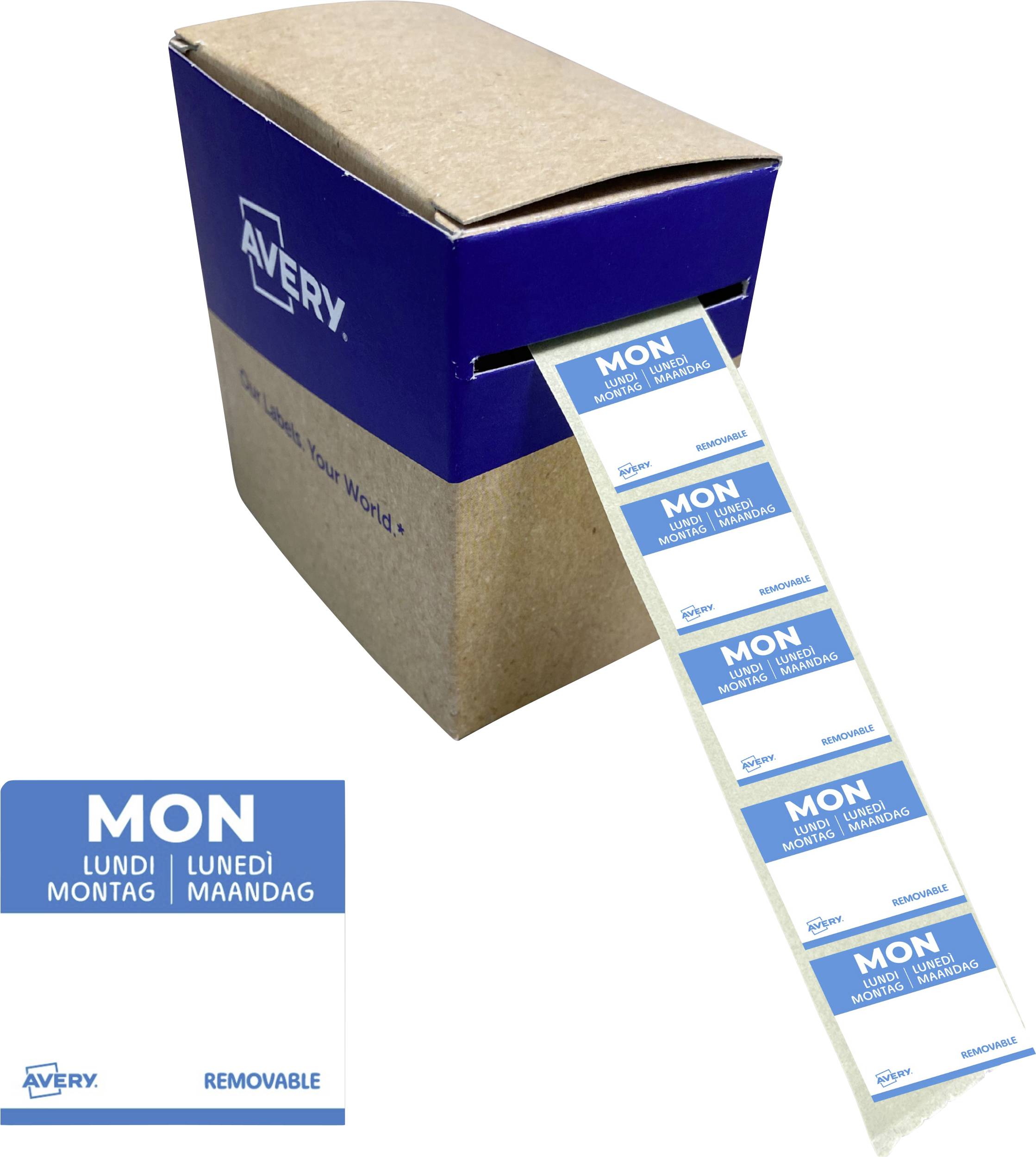 Avery Etikettenbox, die einen Streifen blauer abnehmbarer Montagsplanungsetiketten ausgibt, mit einem Musteretikett unten dargestellt.