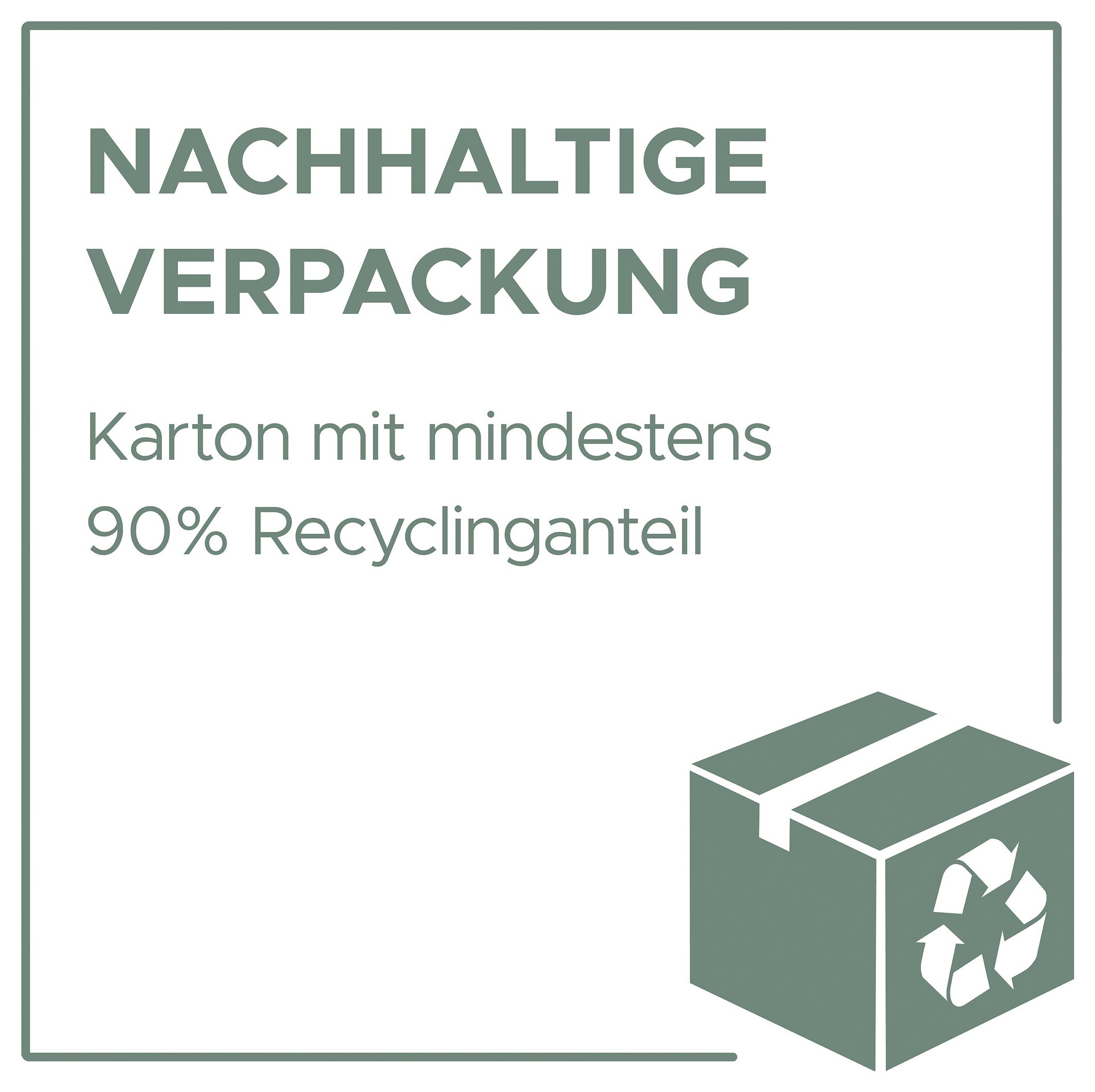 Grafik mit Text 'NACHHALTIGE VERPACKUNG' und 'Karton mit mindestens 90% Recyclinganteil'; unten rechts ein Karton mit Recycling-Symbol.