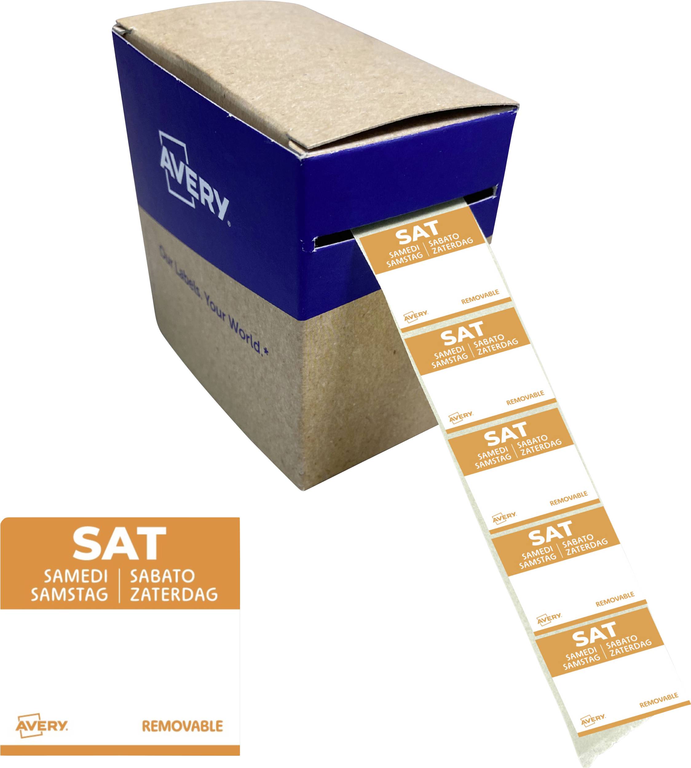 Avery Box mit orangefarbenen, abnehmbaren mehrsprachigen Etiketten mit der Aufschrift „SAT