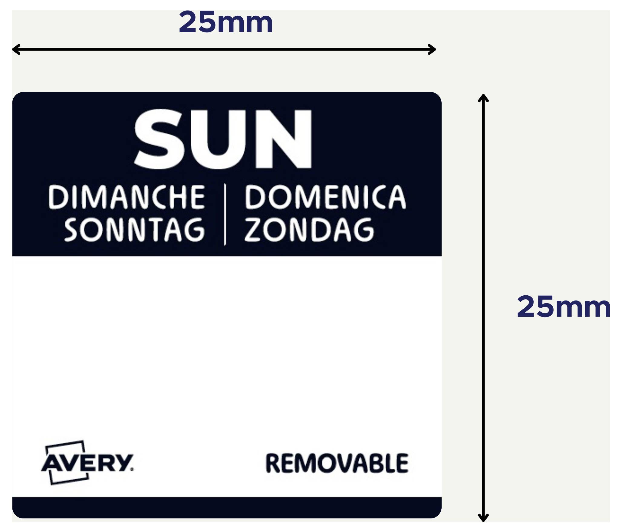 Avery abziehbares quadratisches Etikett, 25 mm x 25 mm, mit 'SONNE' und mehrsprachigem 'Sonntag'-Text; hauptsächlich leerer weißer Raum darunter.
