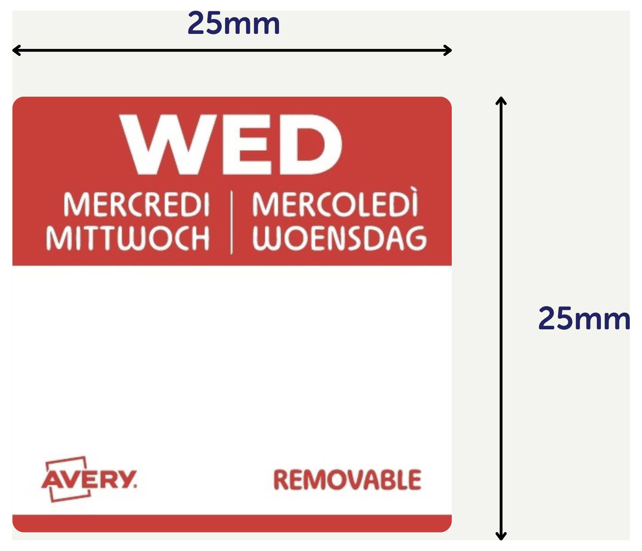 Quadratisches abnehmbares Datumsetikett von Avery, 25 mm × 25 mm, roter Kopfbereich mit „WED