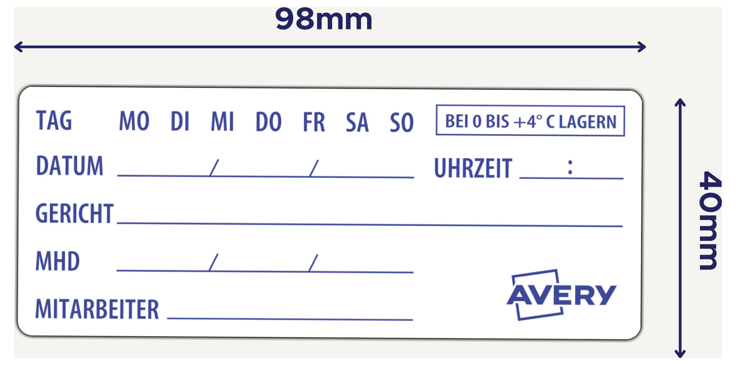Avery-Etikettvorlage, 98 mm x 40 mm, mit Feldern für Etikett, Datum, Gericht, Verfallsdatum, Personal, Uhrzeit und „Zwischen 0 und +4°C lagern