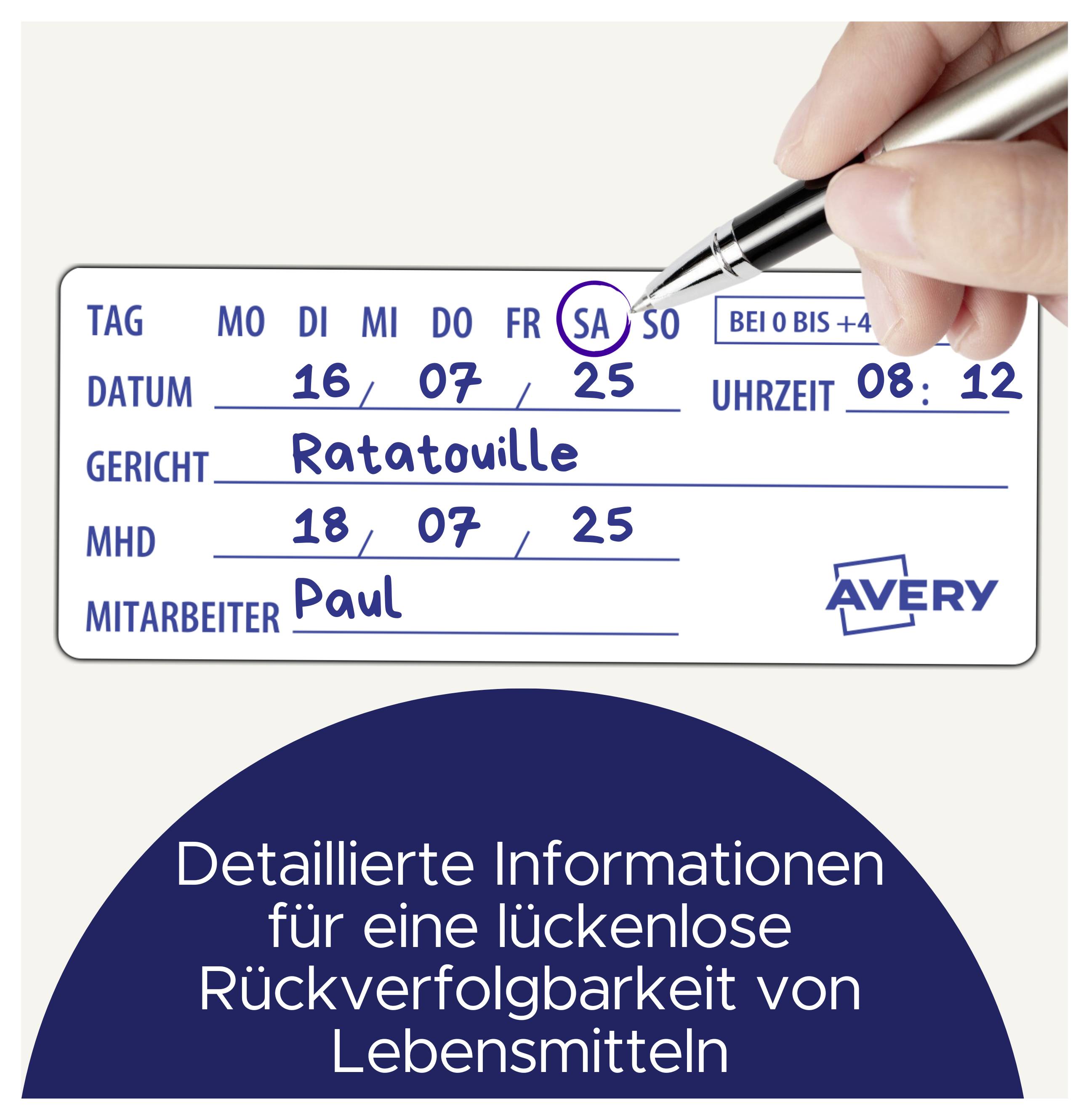 Hand beschriftet ein Etikett für Lebensmittelrückverfolgbarkeit: Datum 16.07.25, Gericht Ratatouille, MHD 18.07.25, Mitarbeiter Paul, Uhrzeit 08:12; Text betont lückenlose Rückverfolgbarkeit.