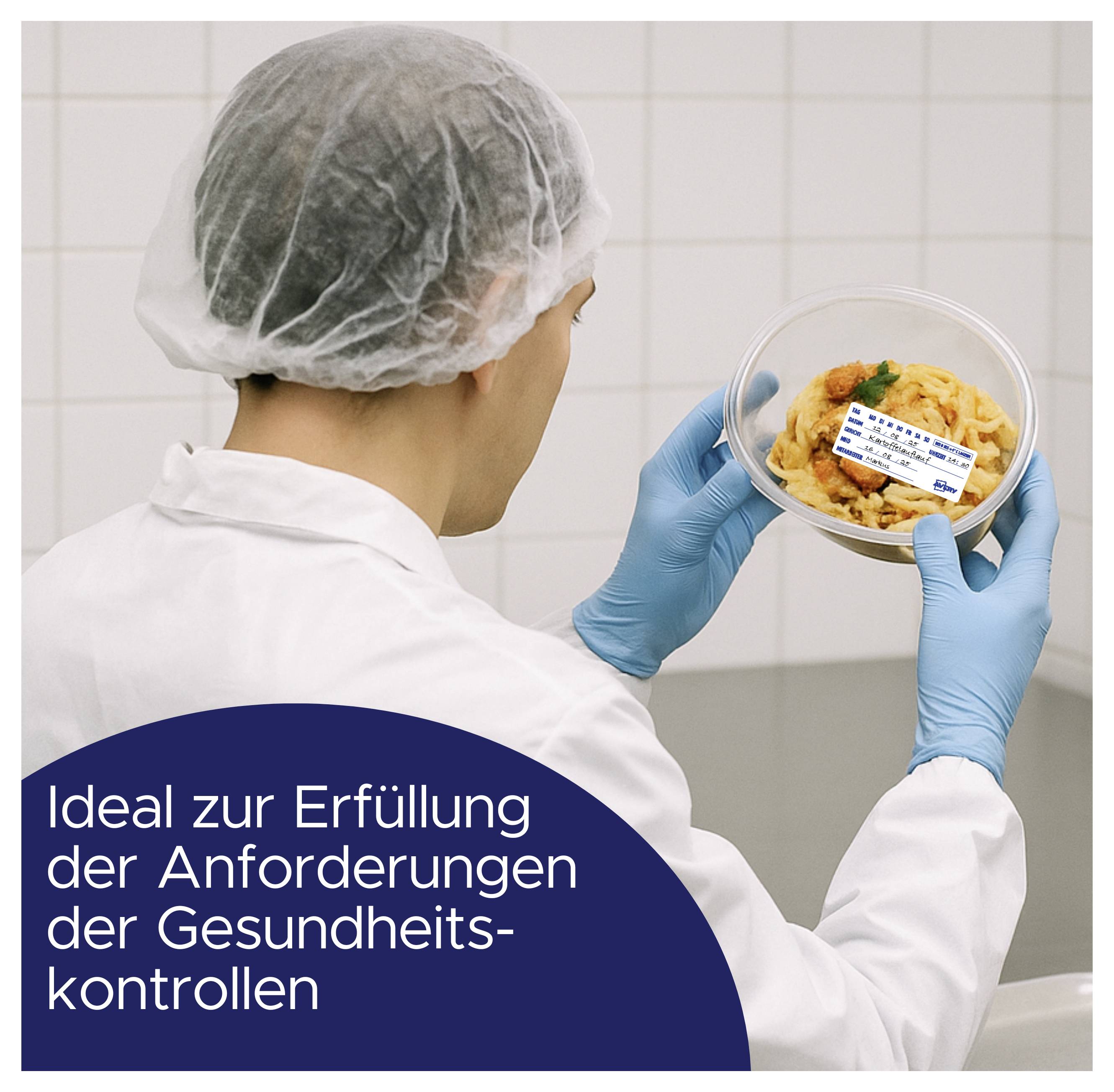 Mitarbeiter in Schutzkleidung prüft eine Proben-Schale; Text: 'Ideal zur Erfüllung der Anforderungen der Gesundheitskontrollen'.