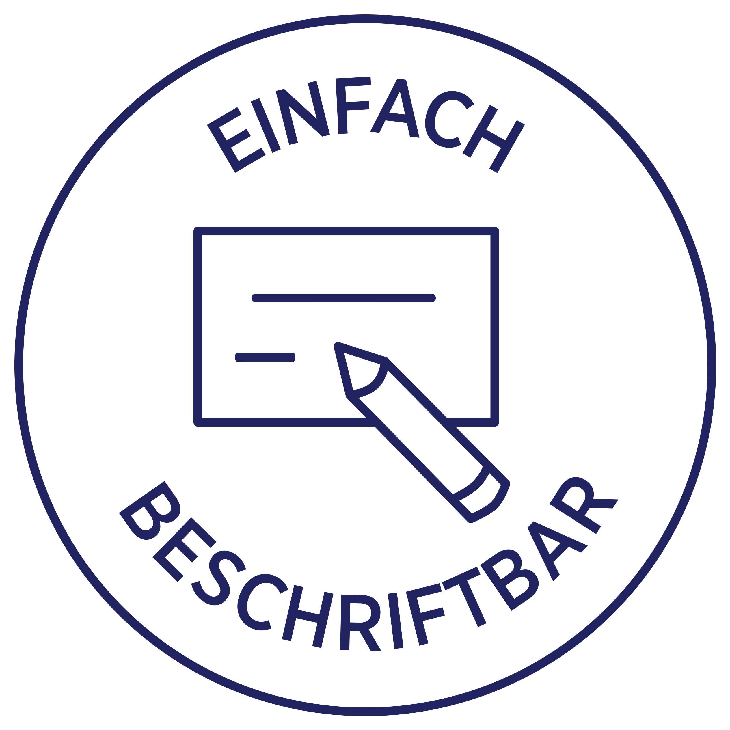 Rundes Siegel mit dem Wort 'EINFACH' oben und 'BESCHRIFTBAR' unten; in der Mitte ein Etikett mit Stift als Hinweis auf Beschriftbarkeit.