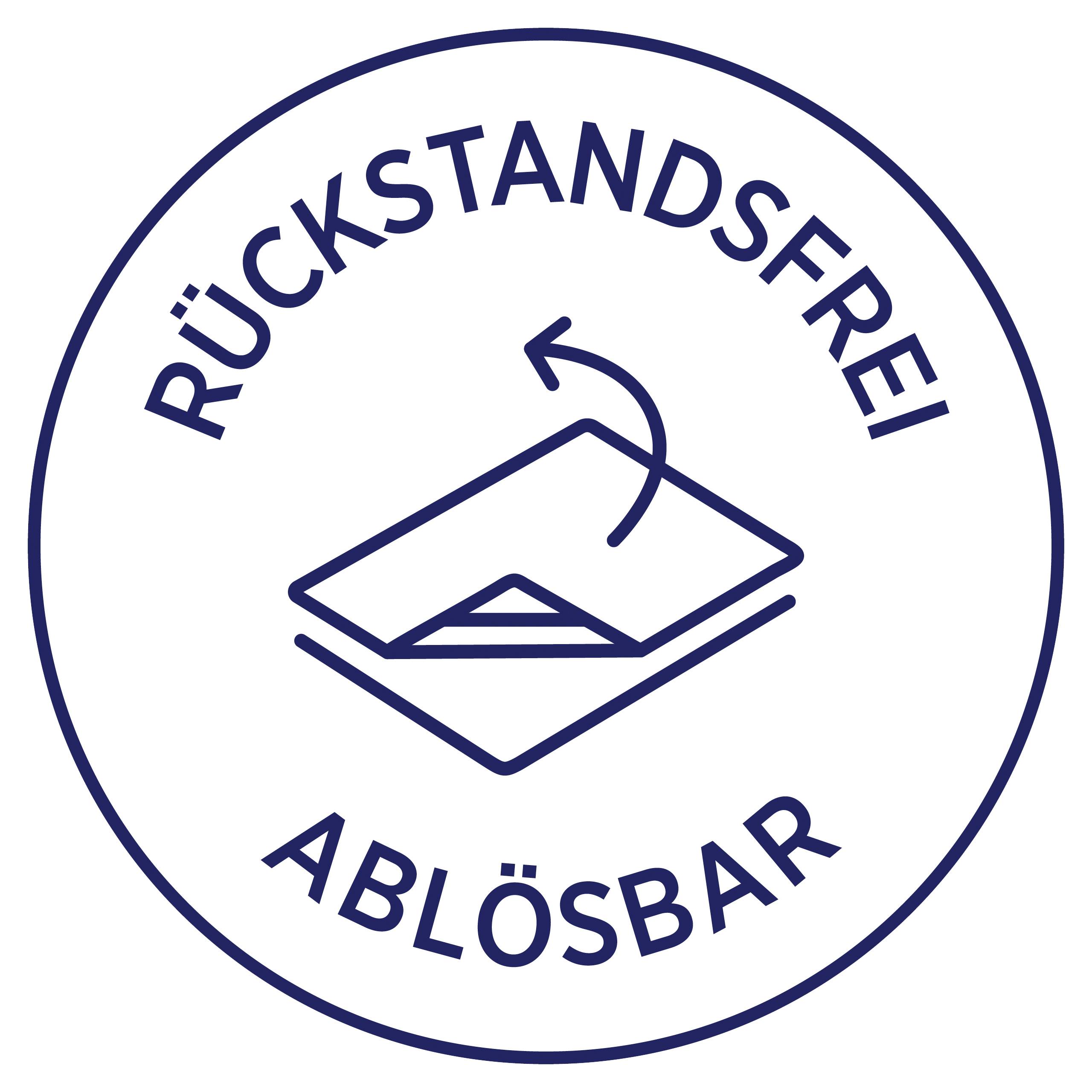 Rundes Recycling-Siegel mit Pfeil-Icon und Text 'RÜCKSTANDSFREI ABLÖSBAR'; kennzeichnet leicht entfernbares Produktetikett.
