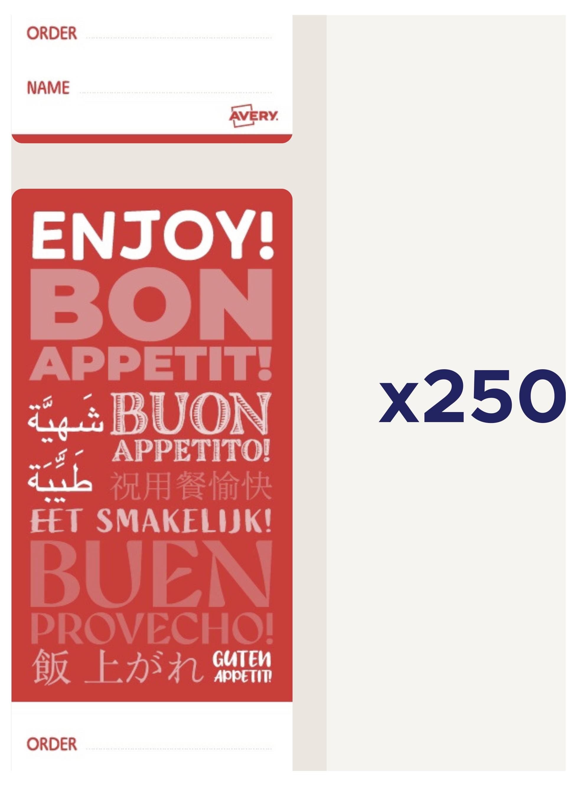 Ein Paket mit 250 Avery-Lebensmittelbestelletiketten mit rotem mehrsprachigem Design 
