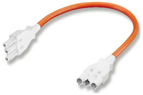Orange electrical extension cord with white three-prong connectors on both ends, shown on a white background.