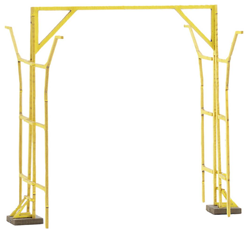 Gelbes Gerüstlaufsteg-Rahmensystem mit zwei Stütztürmen und einer oberen Querstrebe, die eine rechteckige Gehöffnung auf Bodenplatten bildet.