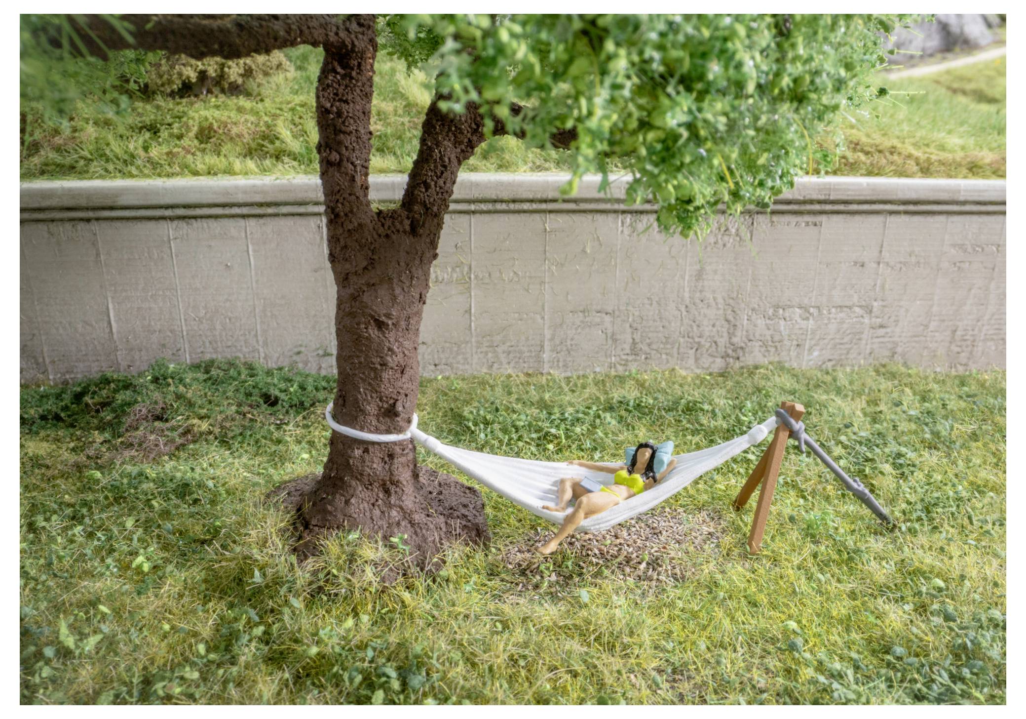Eine Person entspannt sich in einer weißen Hängematte, die zwischen einem Baum und einem Holzpfosten in einem grasbewachsenen Hof aufgespannt ist.