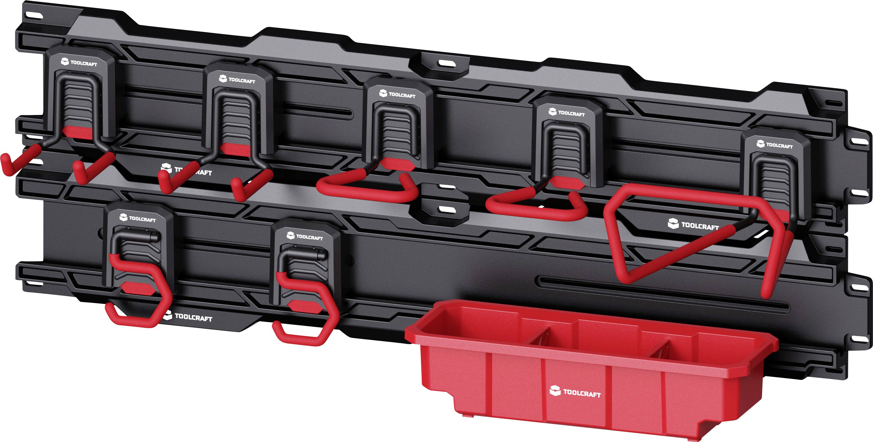 Modulares wandmontiertes Lagerpanel mit schwarzen Schienen, roten Haken und einer roten Unterkiste zum Organisieren von Werkzeugen und Kleinteilen.