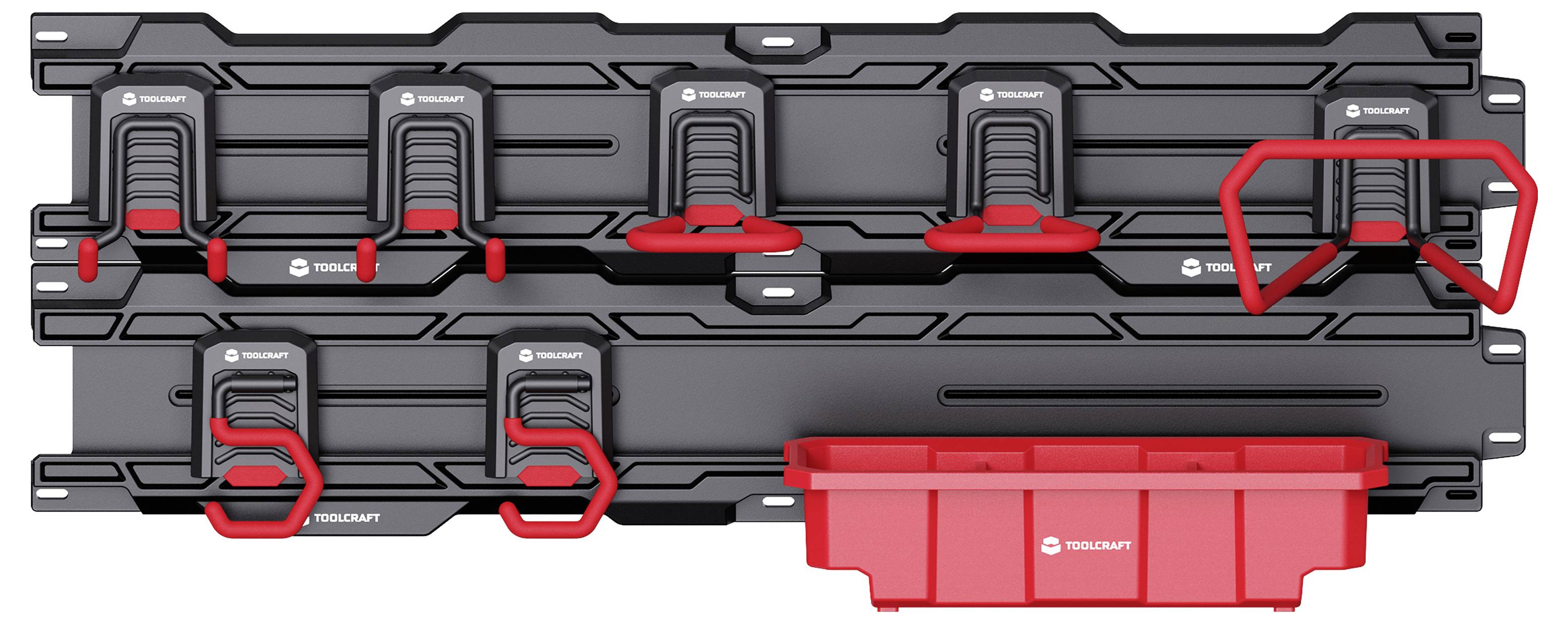 Wandmontierte Werkzeugablage mit mehreren rot hervorgehobenen Haken, Haltern und einem roten Behälter zum Organisieren von Handwerkzeugen und Zubehör.
