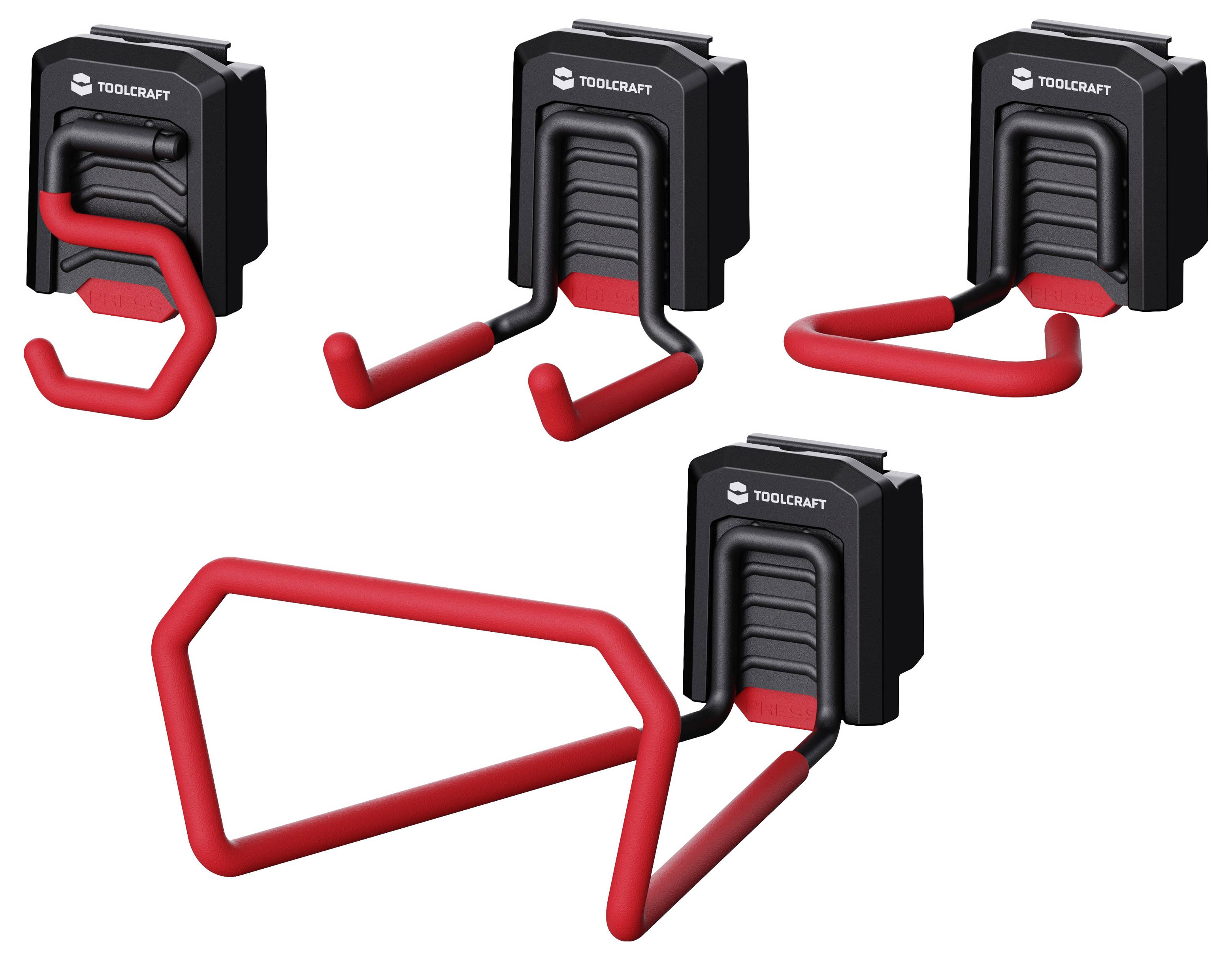 Vier wandmontierte TOOLCRAFT-Clips halten rote Rohrlehnen in verschiedenen Positionen auf weißem Hintergrund.