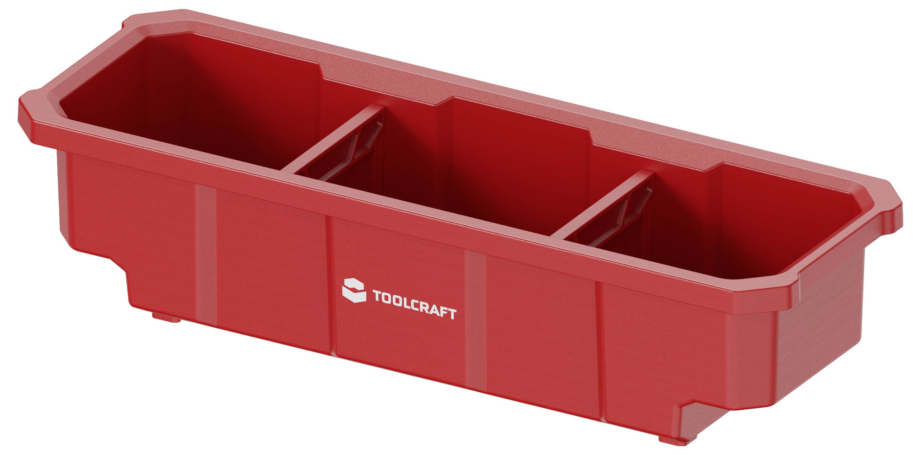 Rote Kunststoff-Aufbewahrungsbox mit drei Fächern und Toolcraft-Logo, auf weißem Hintergrund dargestellt.