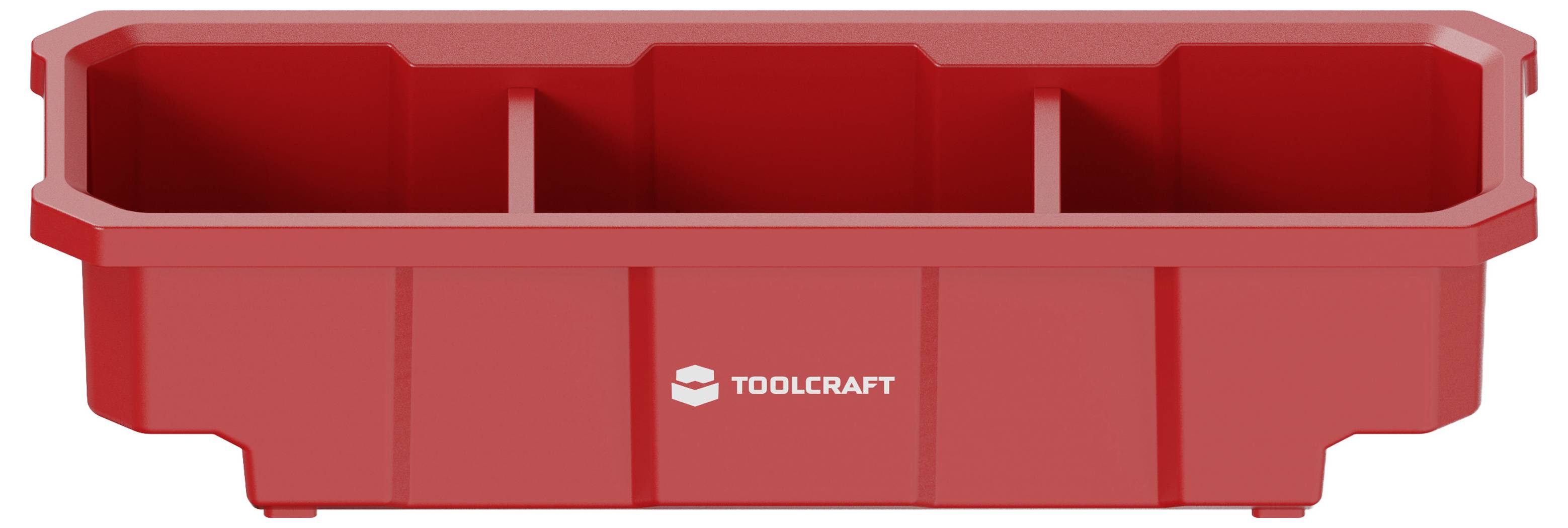 Rotes Kunststoff-Lagerbehältnis von Toolcraft mit drei offenen Fächern und einer vorderen Lippe, dargestellt vor weißem Hintergrund.